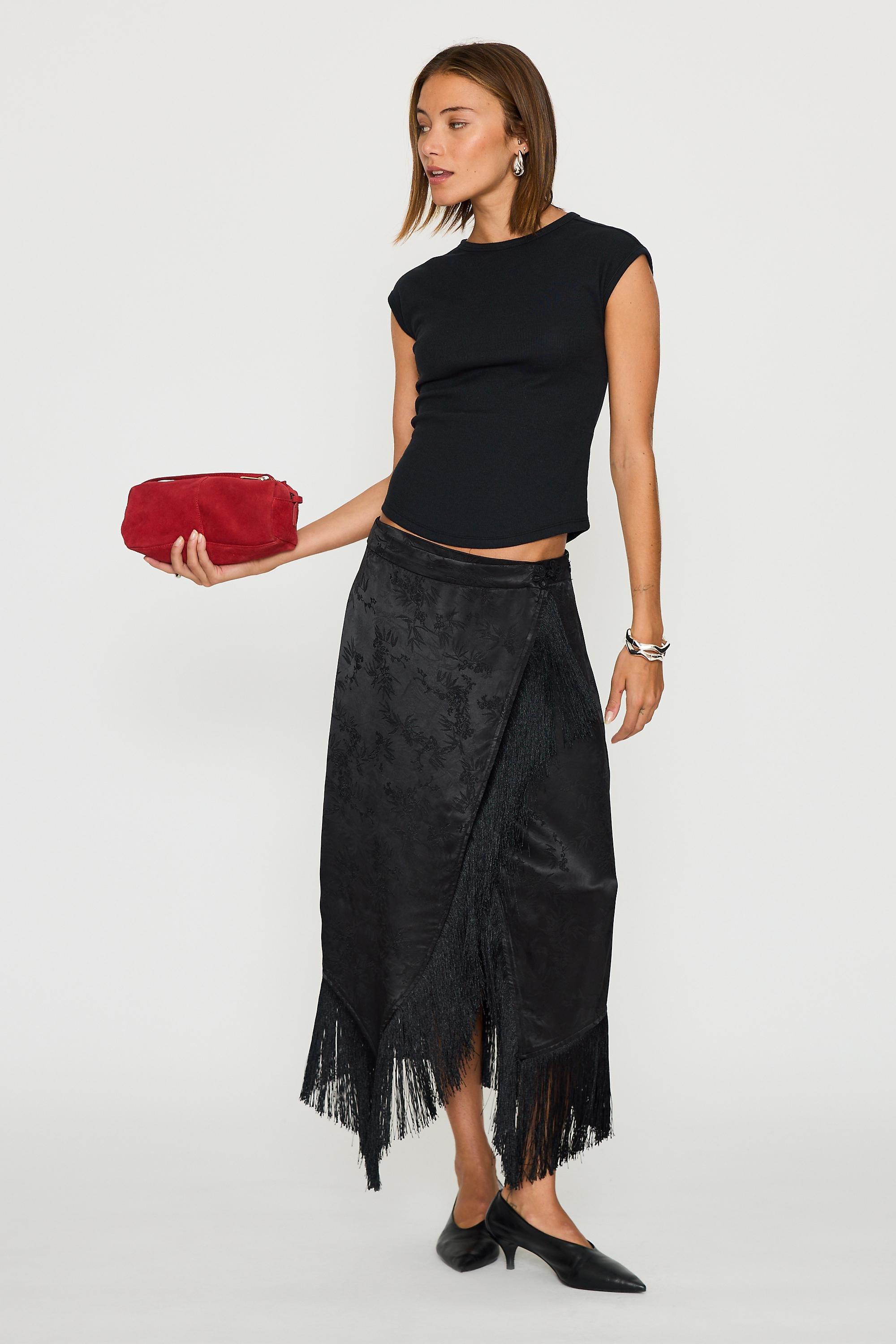 By Anthropologie Jacquard Fringed Wrap Skirt, Black, large image number 0