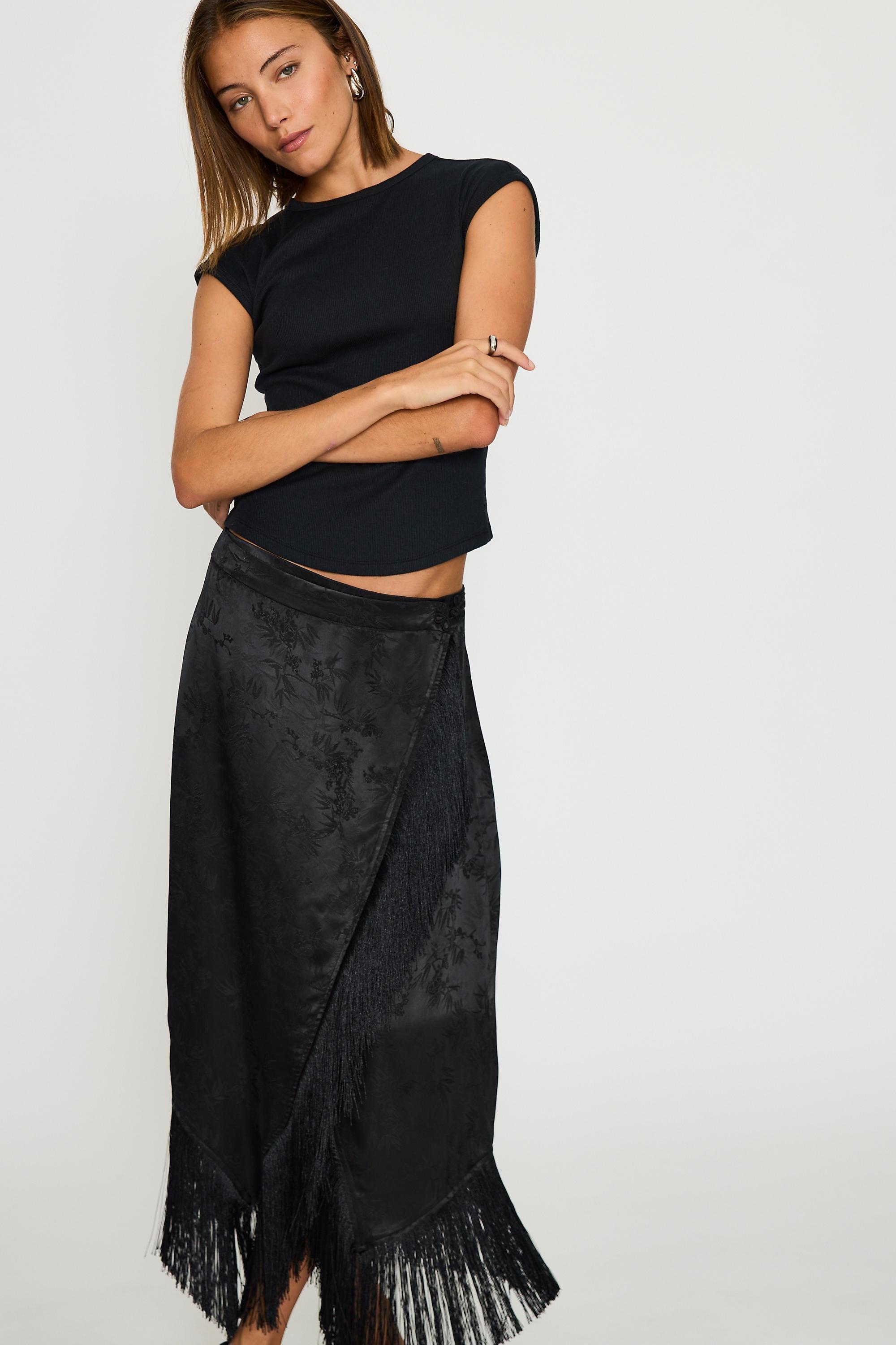 By Anthropologie Jacquard Fringed Wrap Skirt, Black, medium