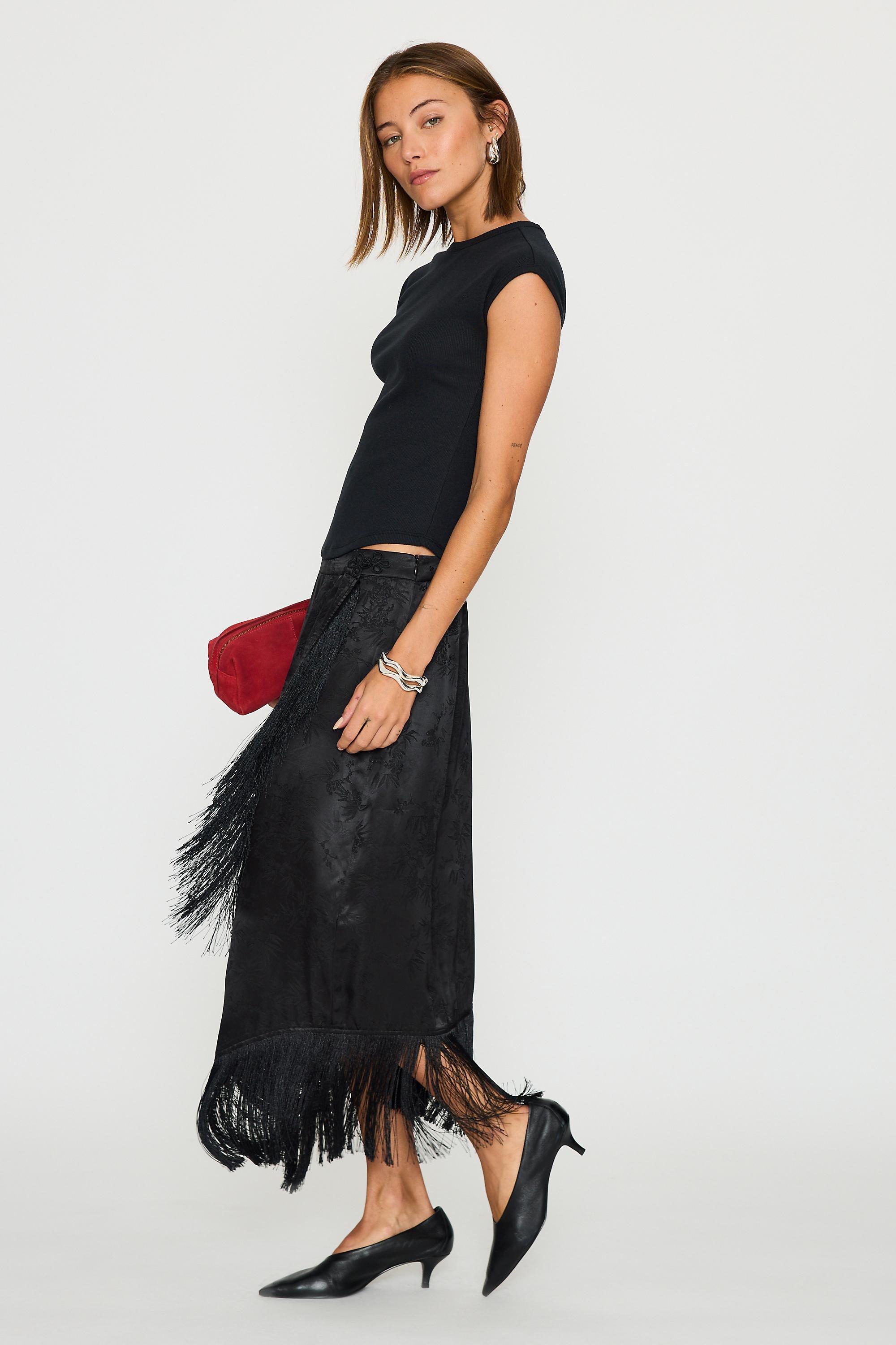 By Anthropologie Jacquard Fringed Wrap Skirt, Black, large image number 3