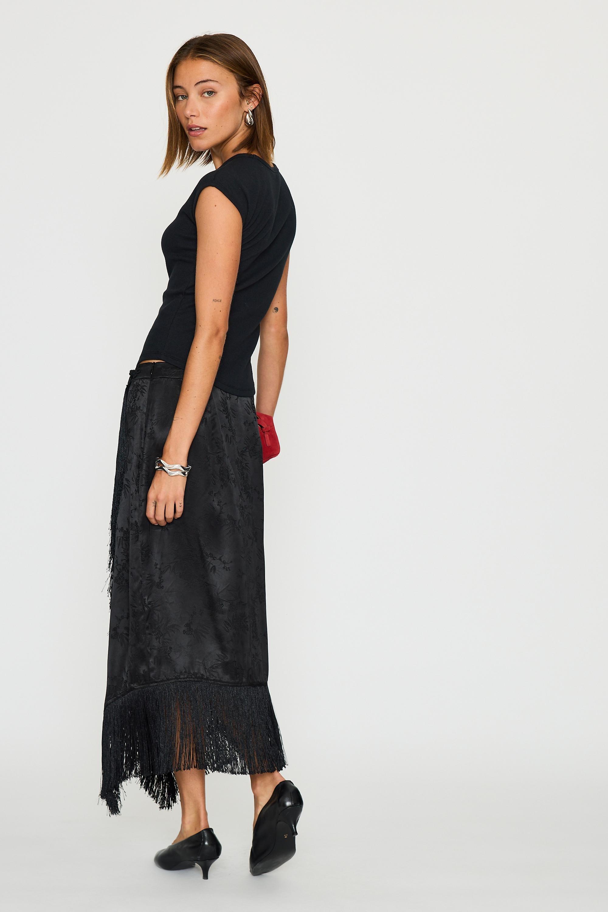 By Anthropologie Jacquard Fringed Wrap Skirt, Black, large image number 5