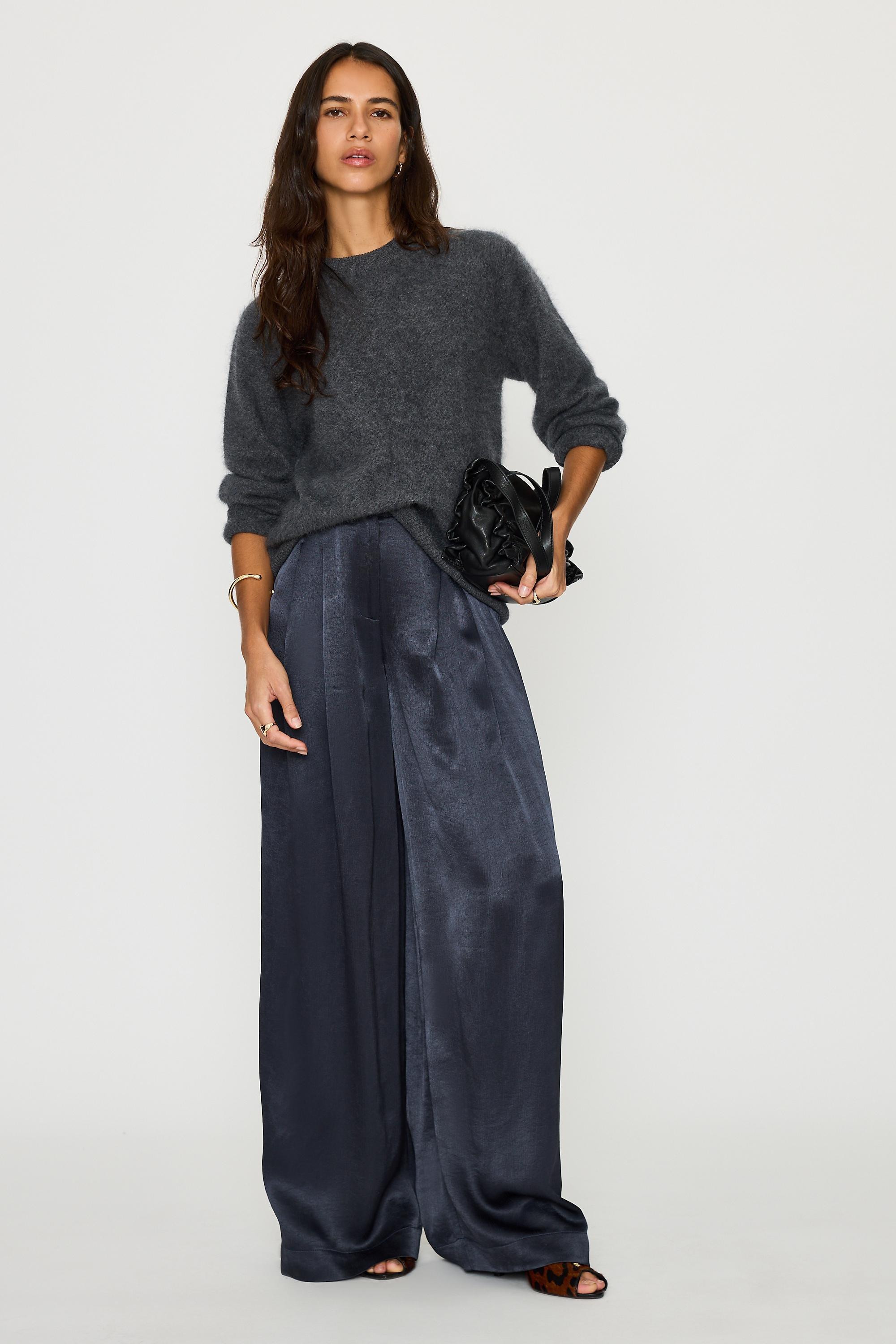 The Avery Satin Wide-Leg Pleated Trousers by Maeve, Navy, medium