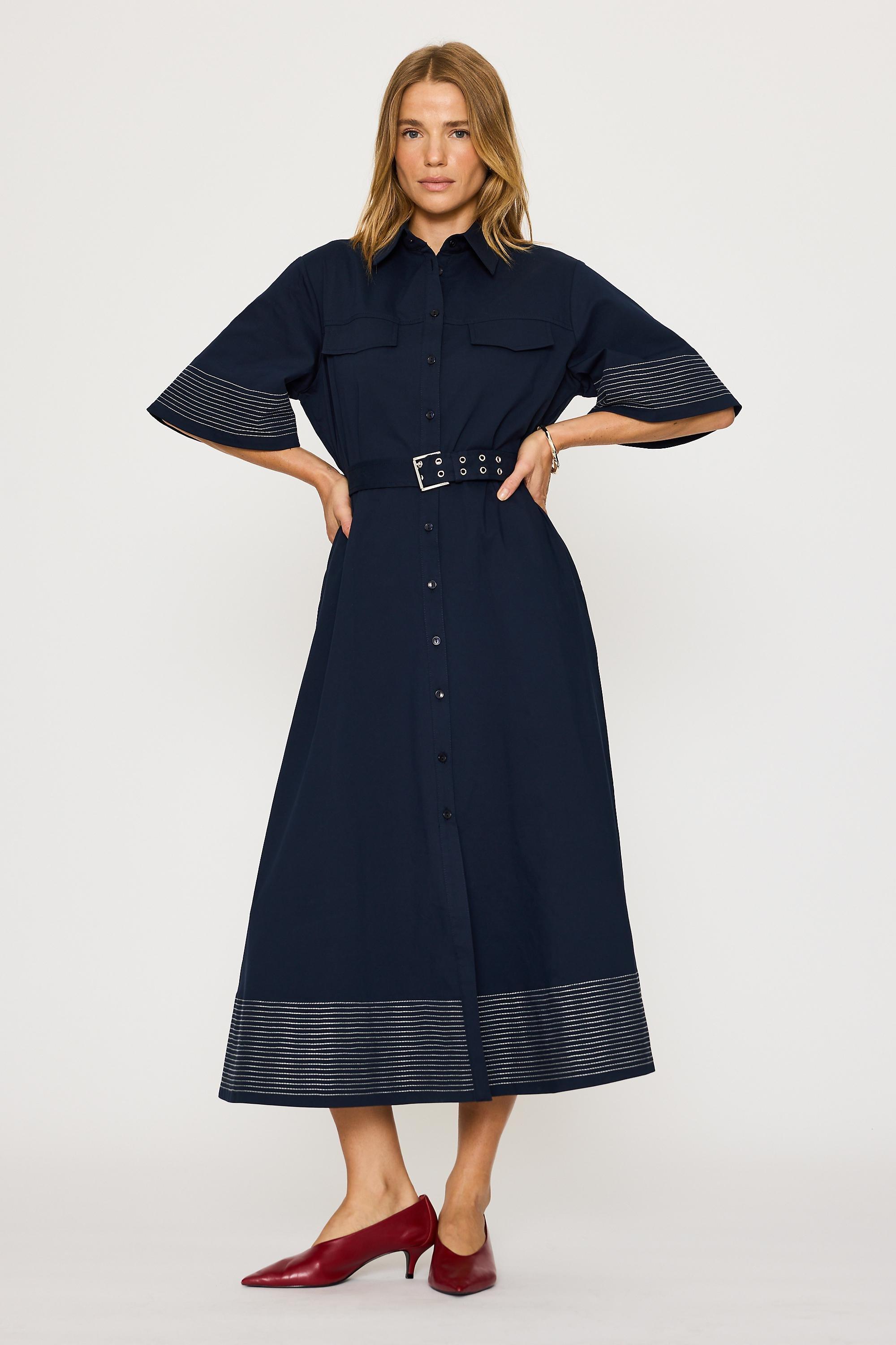 Exquise Short-Sleeve Belted Midi Shirt Dress, Navy, Navy, medium