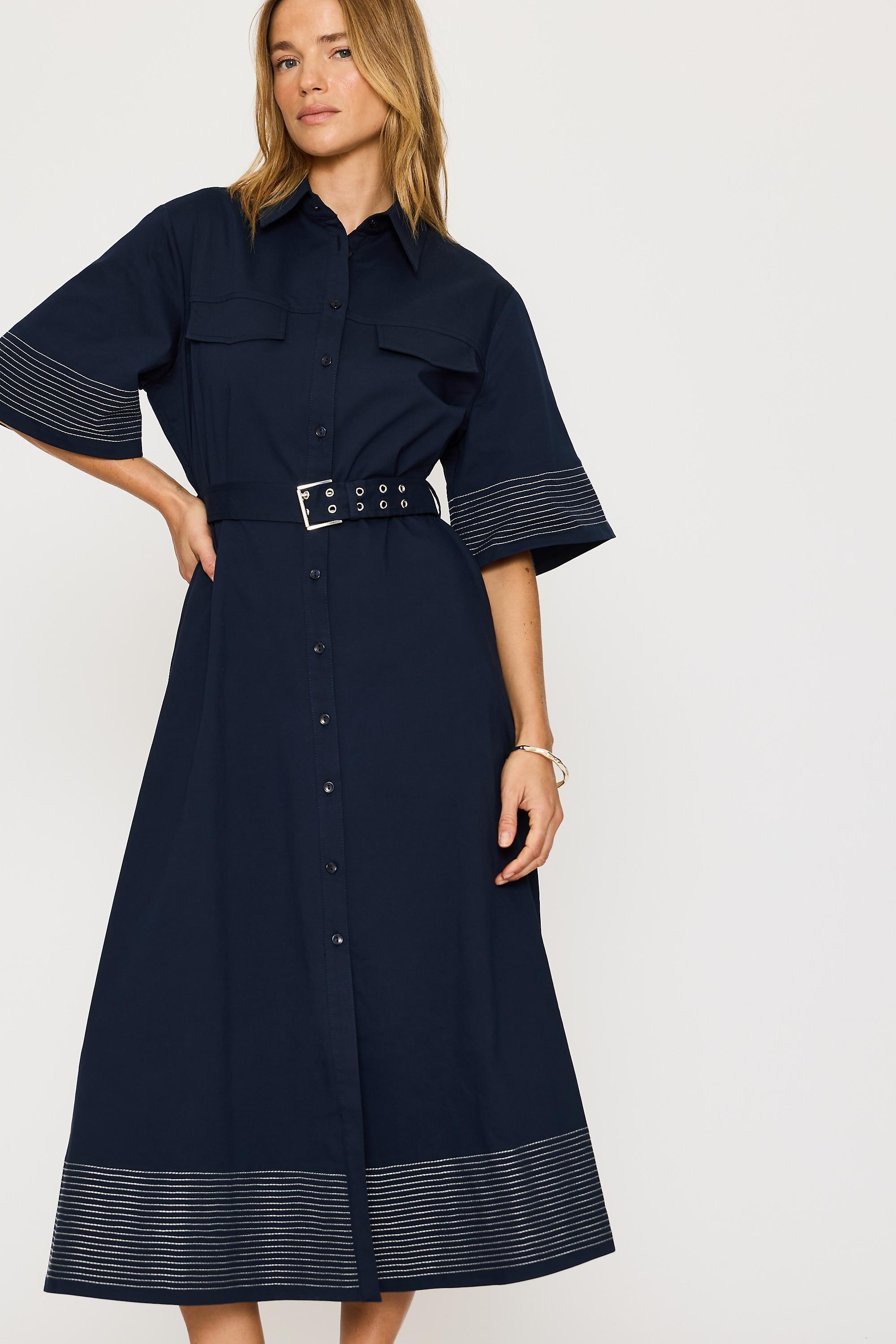 Exquise Short-Sleeve Belted Midi Shirt Dress, Navy, Navy, medium