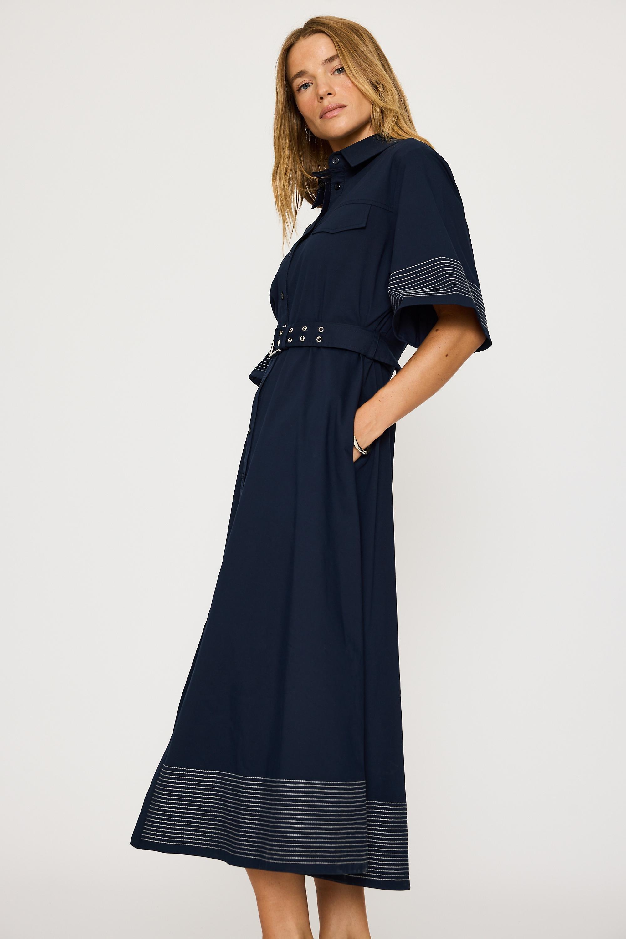 Exquise Short-Sleeve Belted Midi Shirt Dress, Navy, Navy, medium