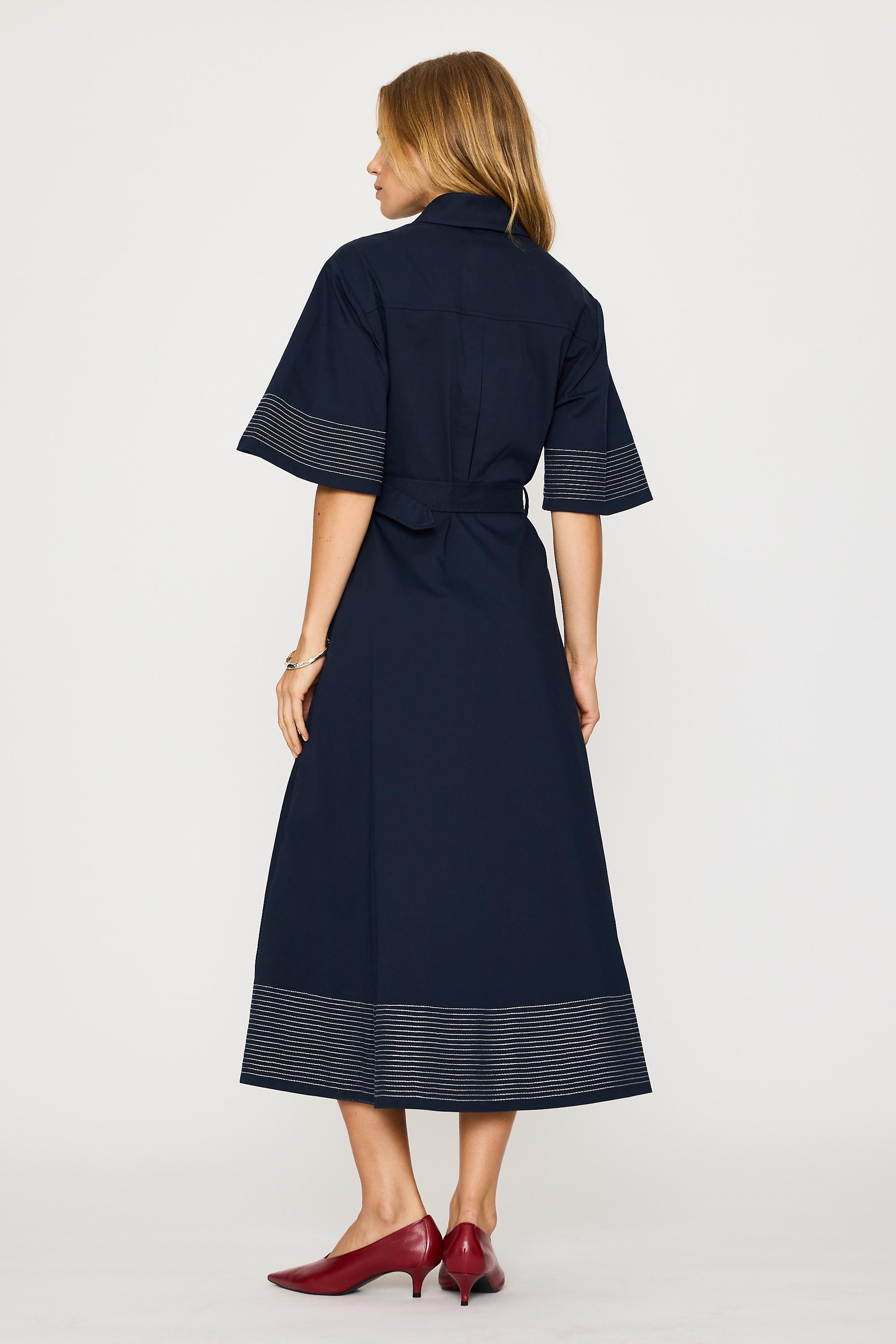 Exquise Short-Sleeve Belted Midi Shirt Dress, Navy, Navy, large image number 3