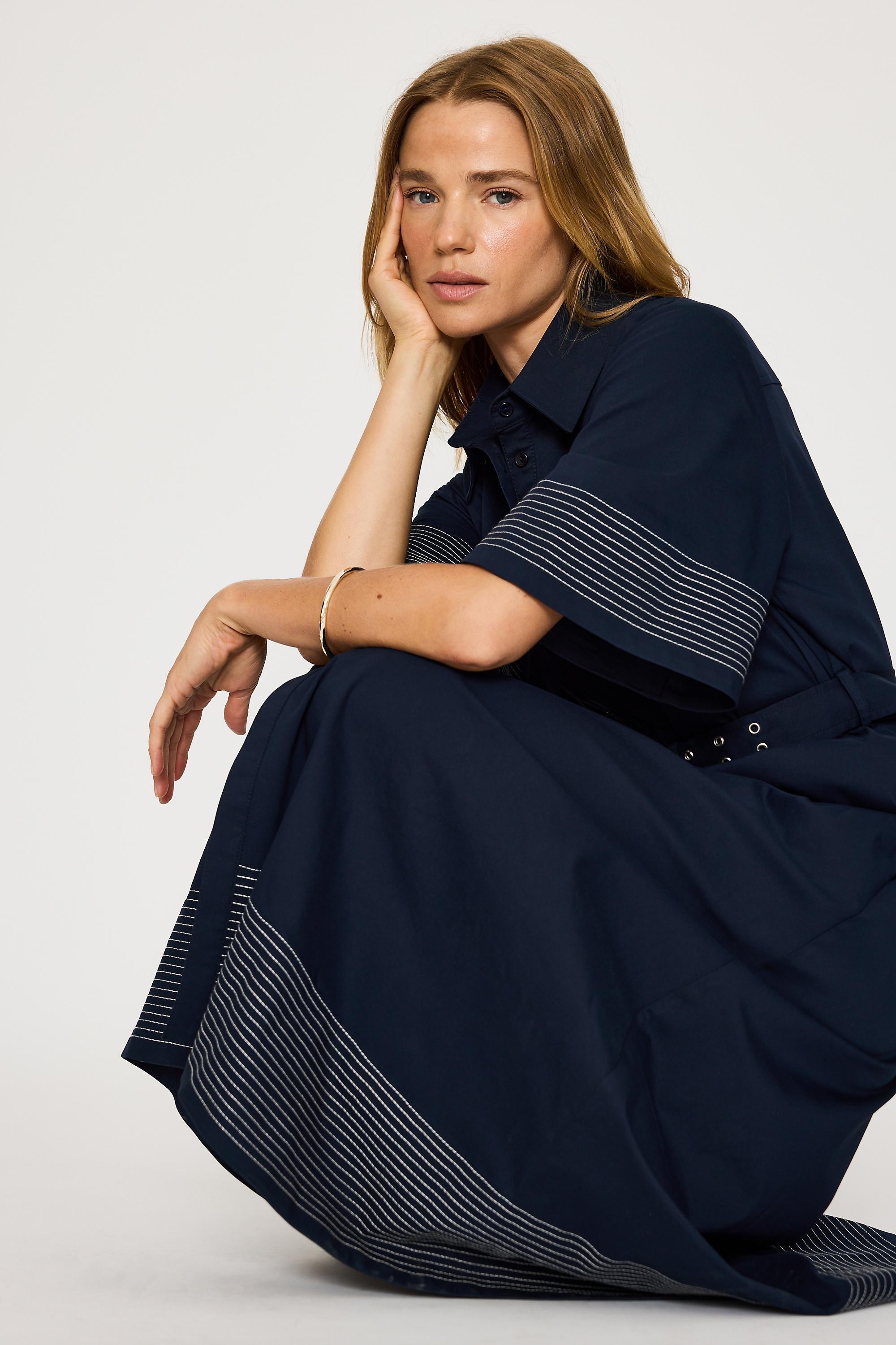 Exquise Short-Sleeve Belted Midi Shirt Dress, Navy, Navy, large image number 5