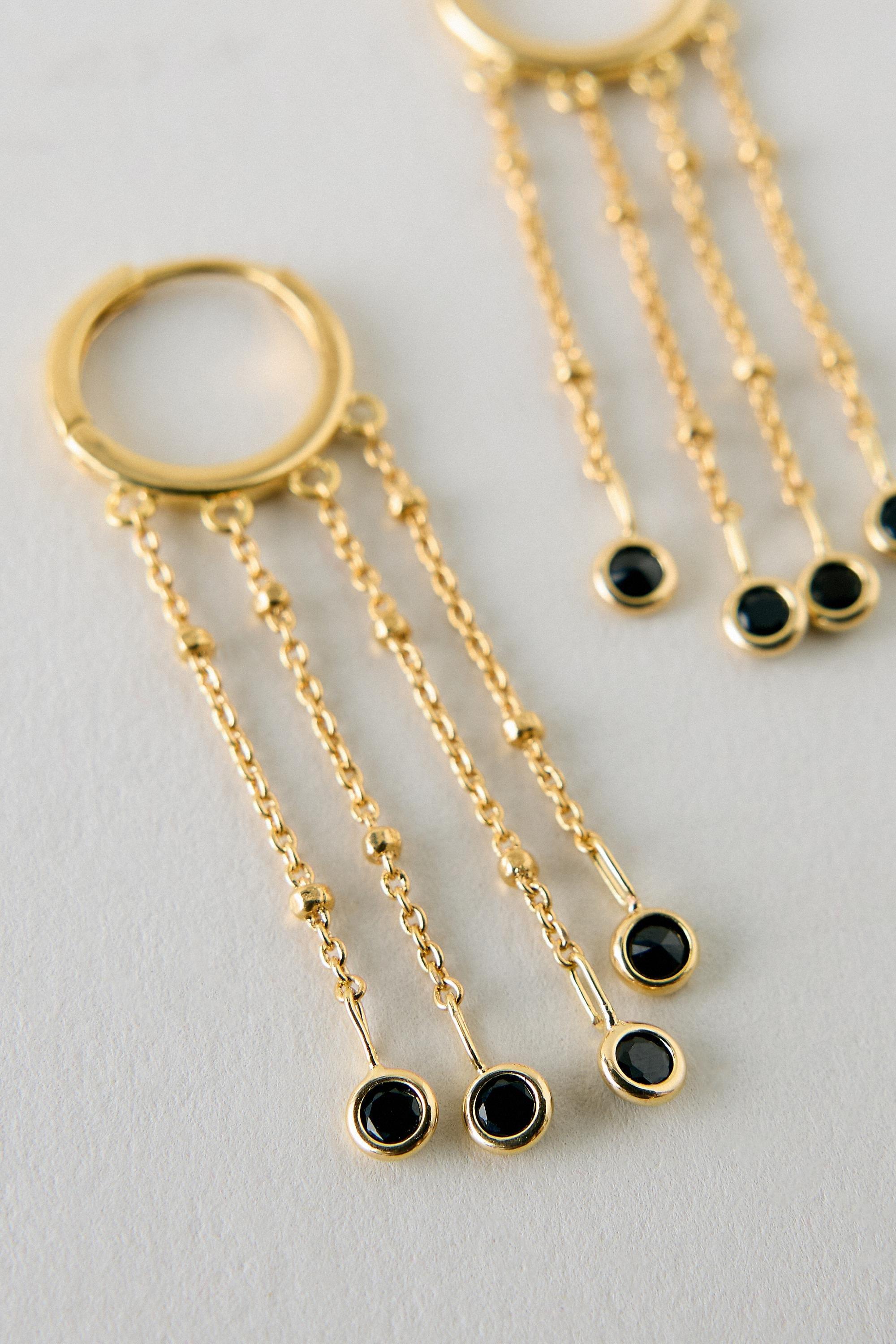 Gold-Plated Multi Drop Huggie Hoop Earrings, Gold, Black, large image number 0