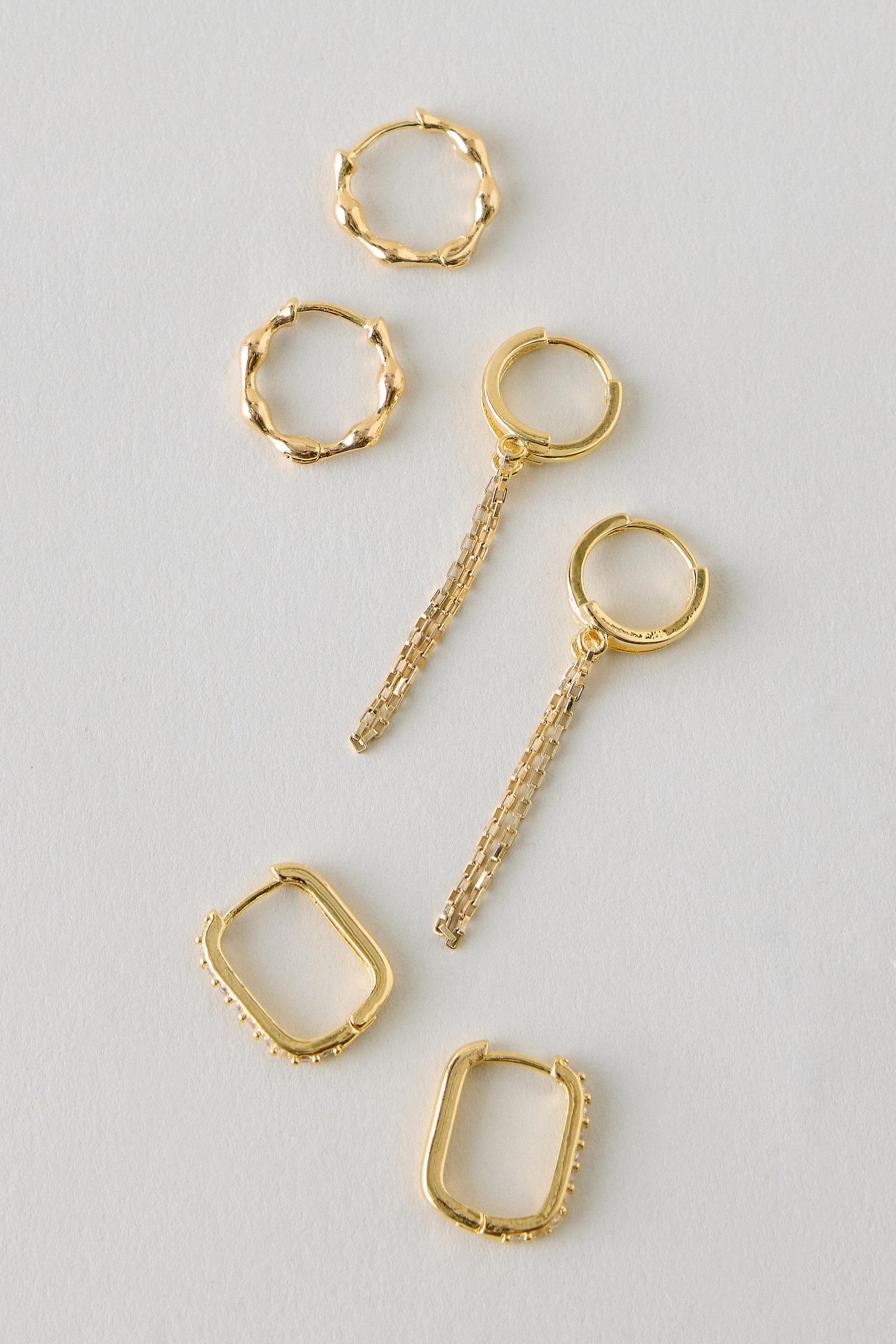 Gold-Plated Huggie Hoop Earrings, Set Of 3, Gold, medium