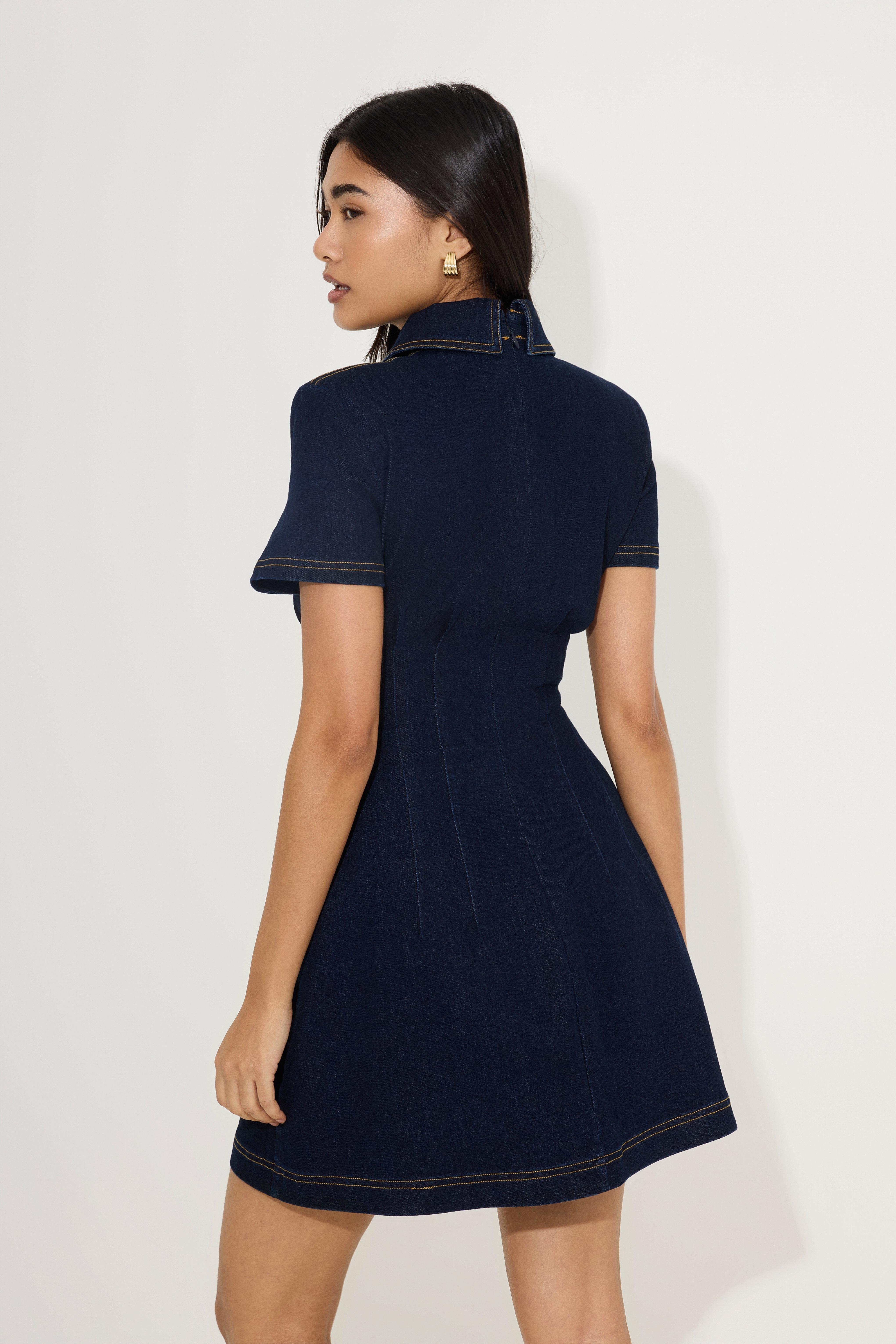 Cotton Mix Denim Collared Mini Dress, Blue, A534_0041, medium