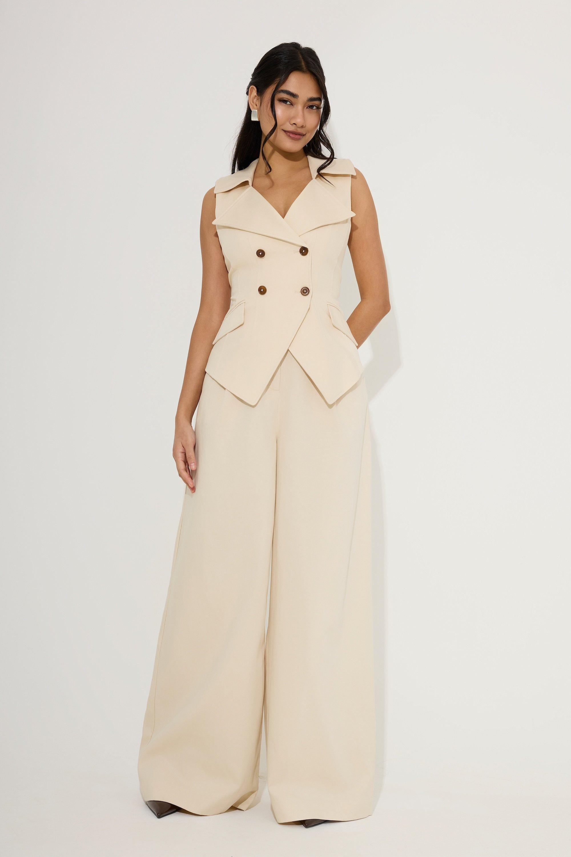Cotton Mix Wide Leg Trousers, Brown, A534_0014, large image number 0