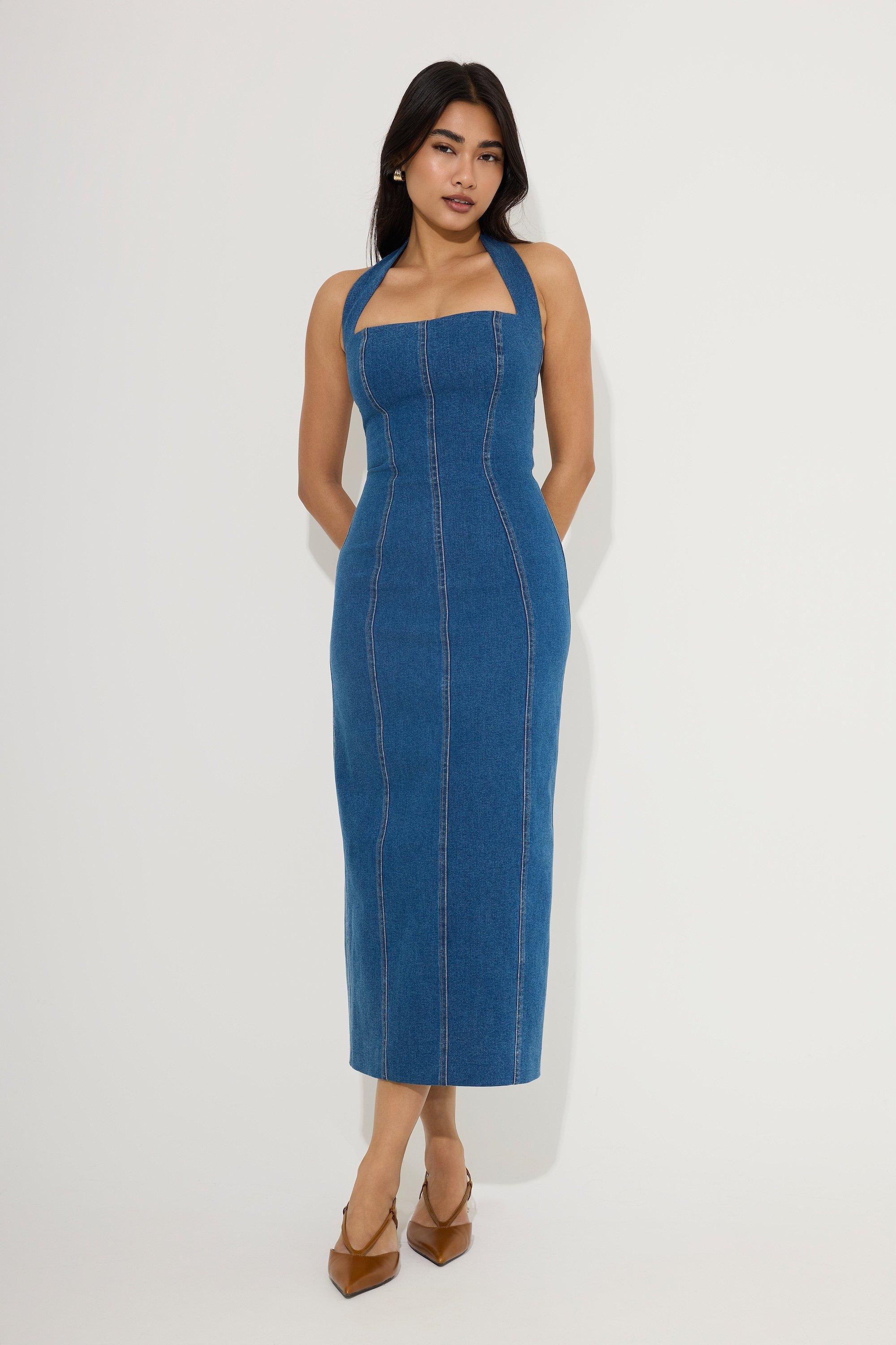 Cotton Mix Denim Halter Midi Dress, Blue, A534_0040, large image number 0