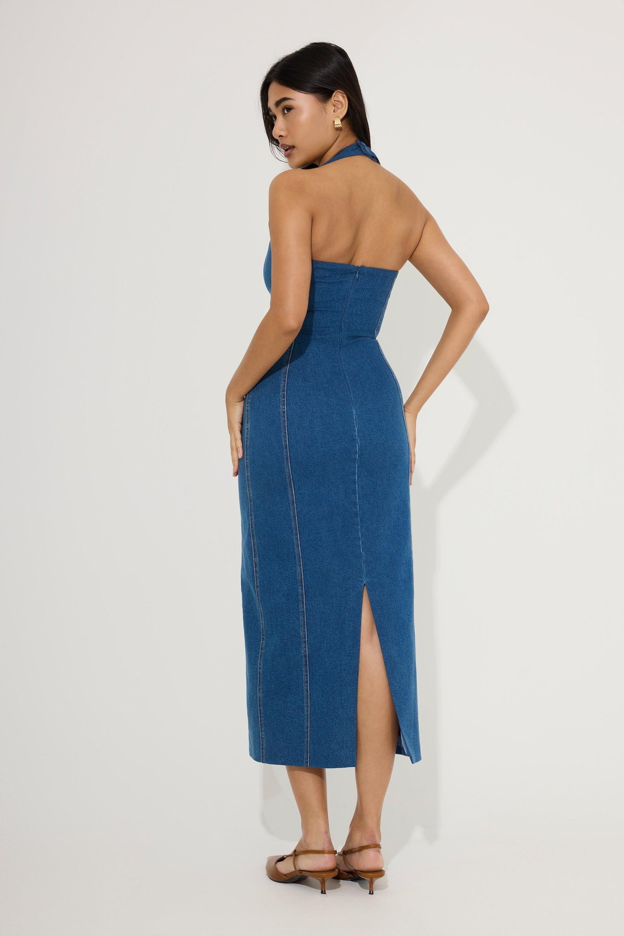 Cotton Mix Denim Halter Midi Dress, Blue, A534_0040, medium