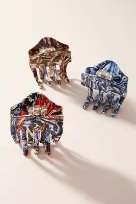 Scalloped Tortoise Hair Clip Set, Brown, , medium