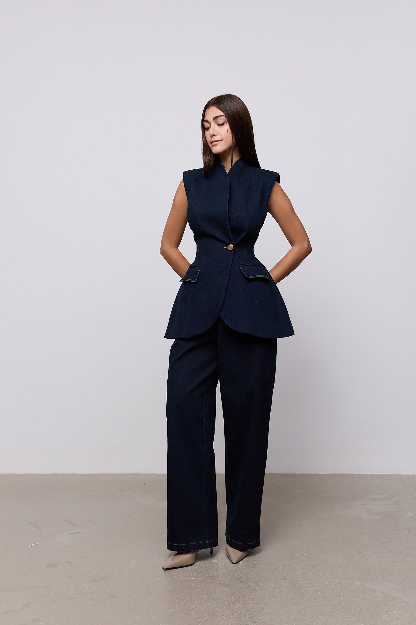 Denim Wide Leg Trousers, Blue, A534_BLUE, large image number 0