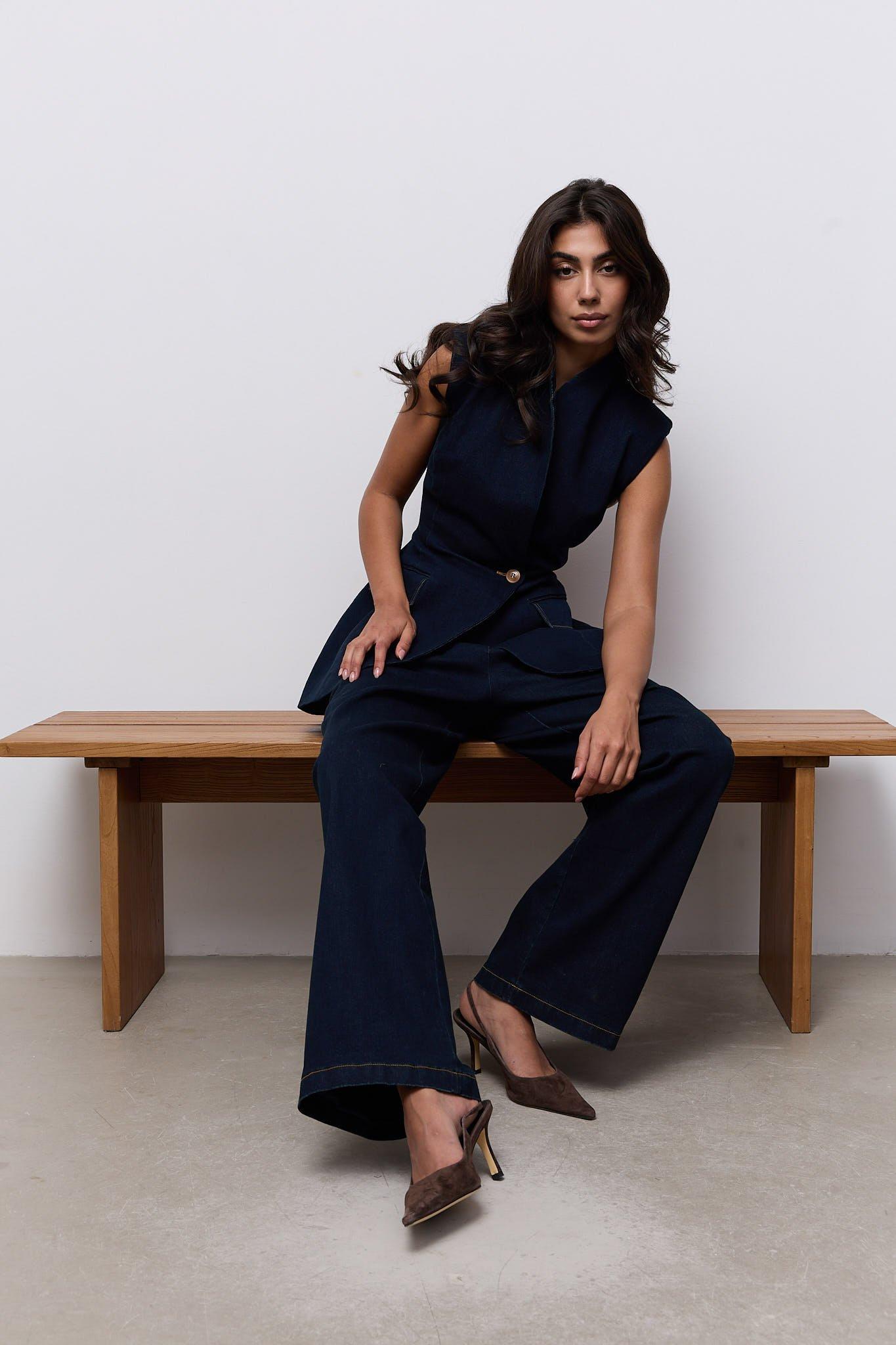 Denim Wide Leg Trousers, Blue, A534_BLUE, large image number 2