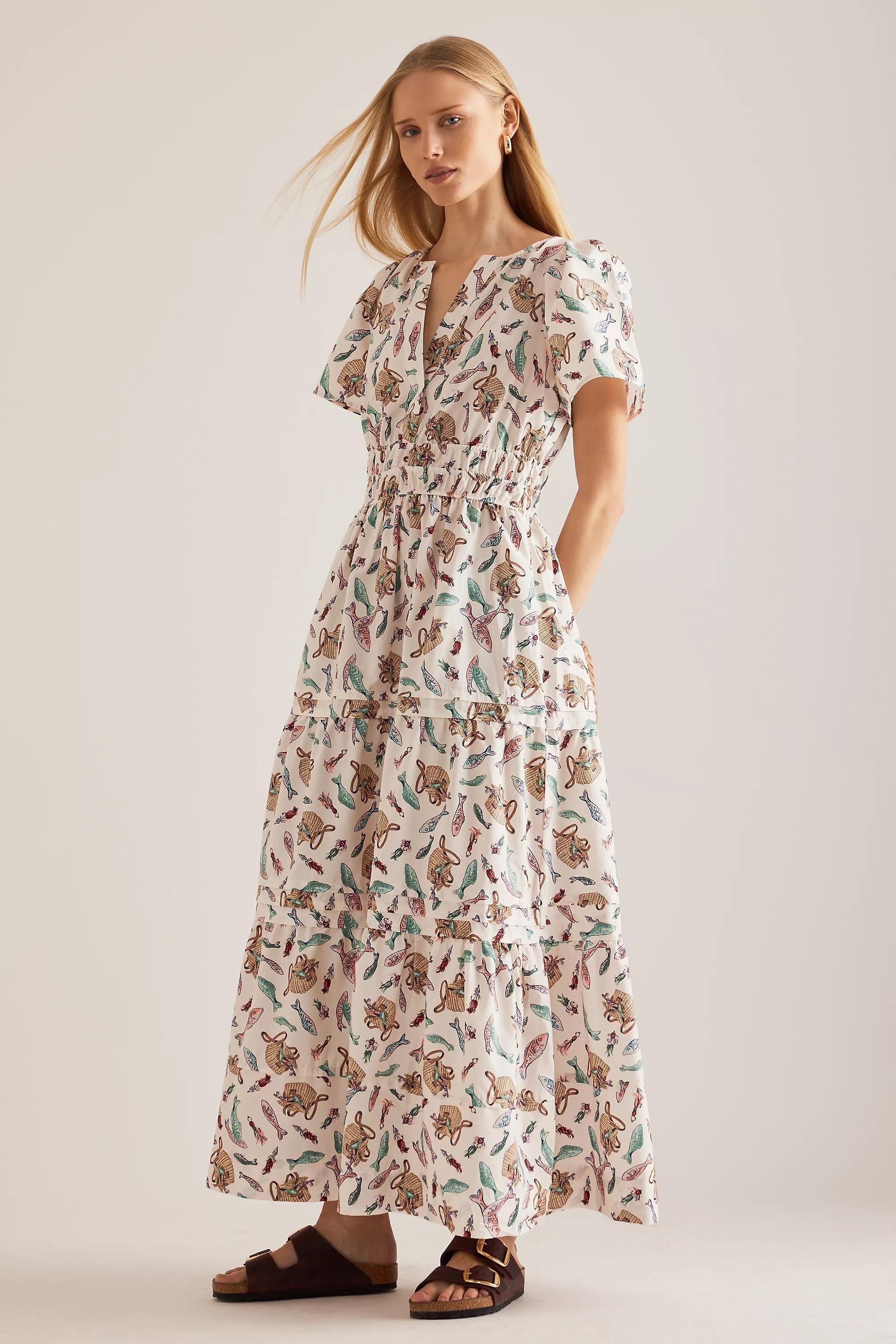 Anthropologie Floral Milkmaid Maxi Dress, Cream, , large image number 0