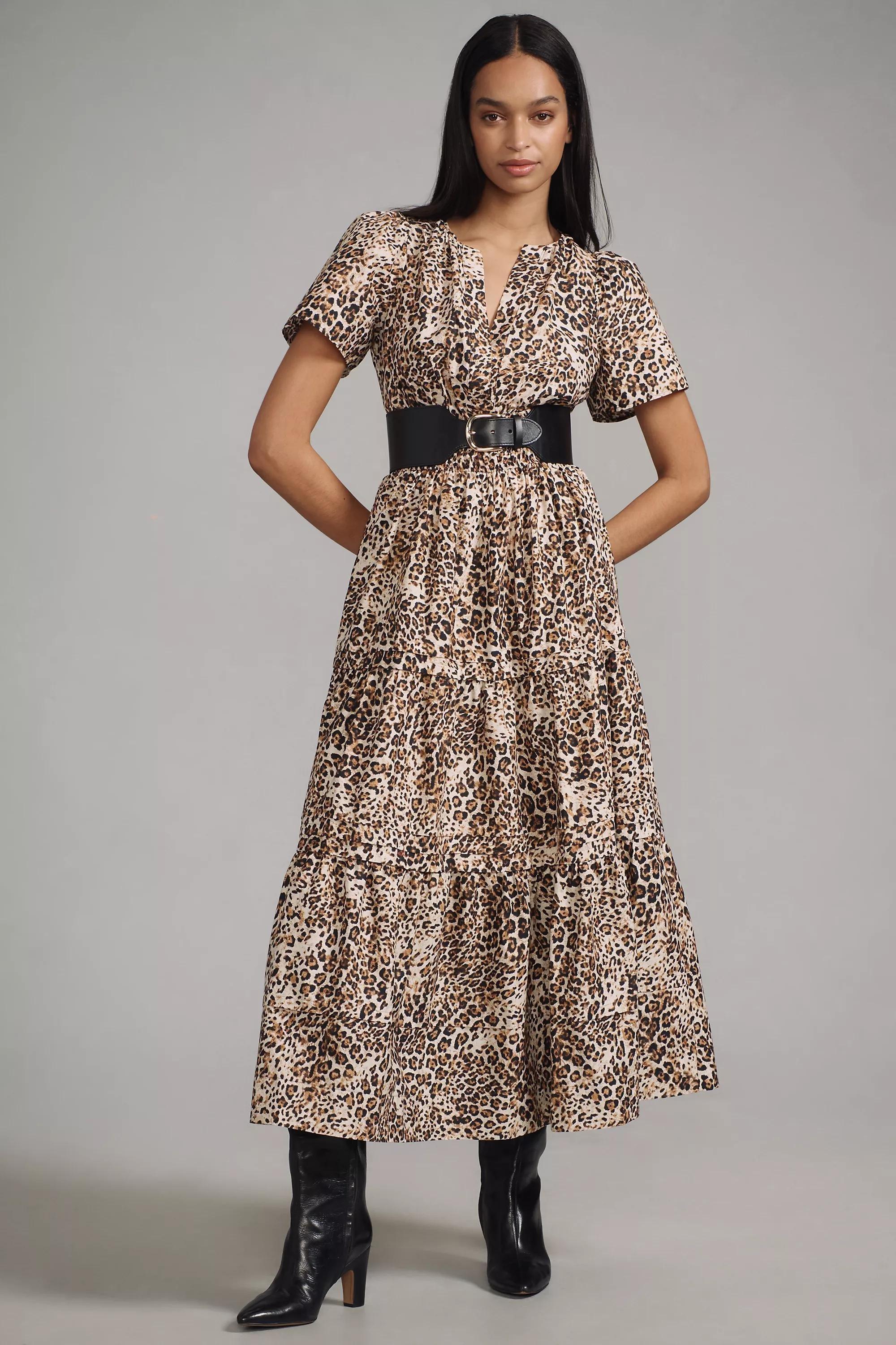 Anthropologie Animal Print Milkmaid Romantic Maxi, Brown, , medium