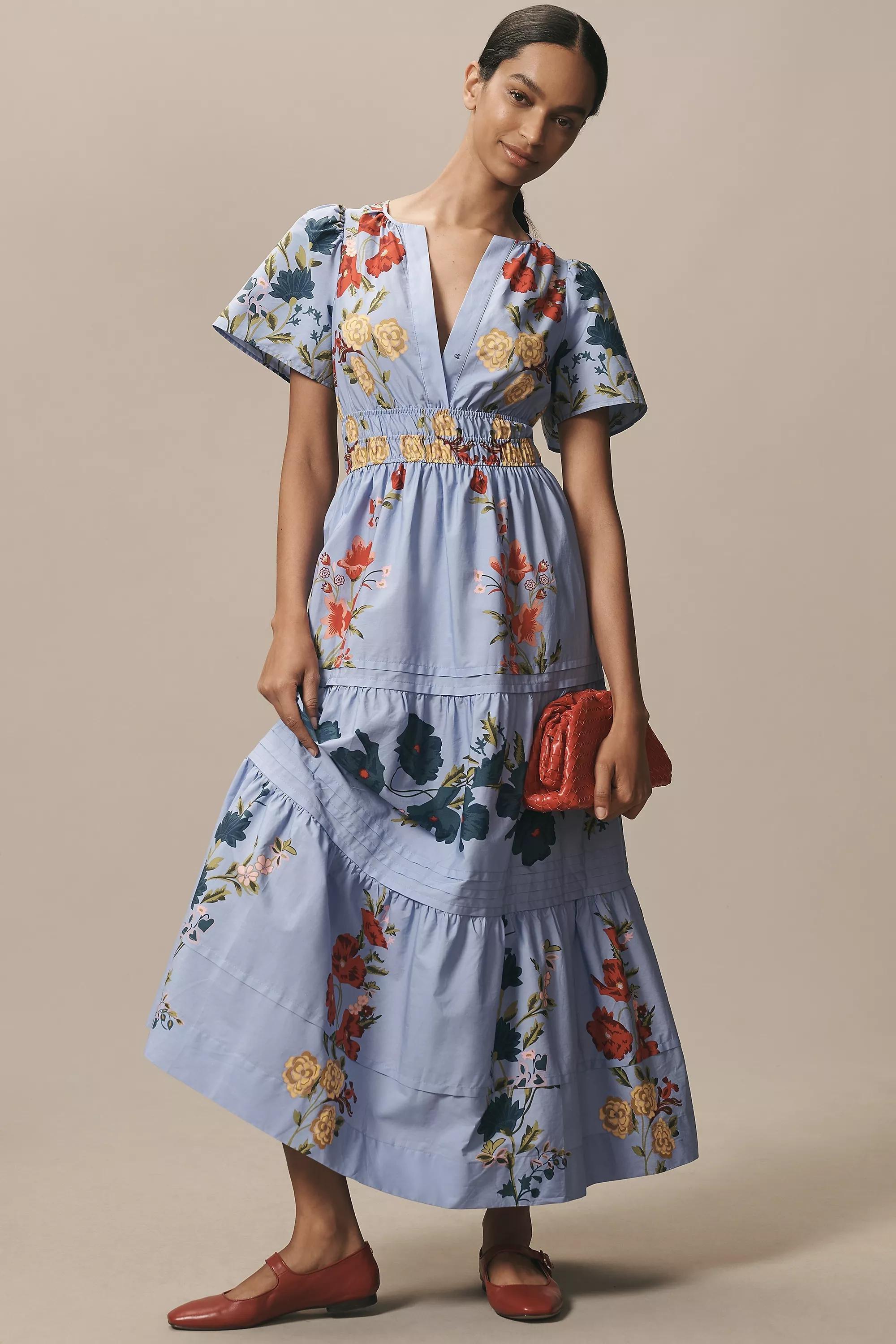 Anthropologie Floral Milkmaid Bohemian Maxi, Purple, , large image number 0