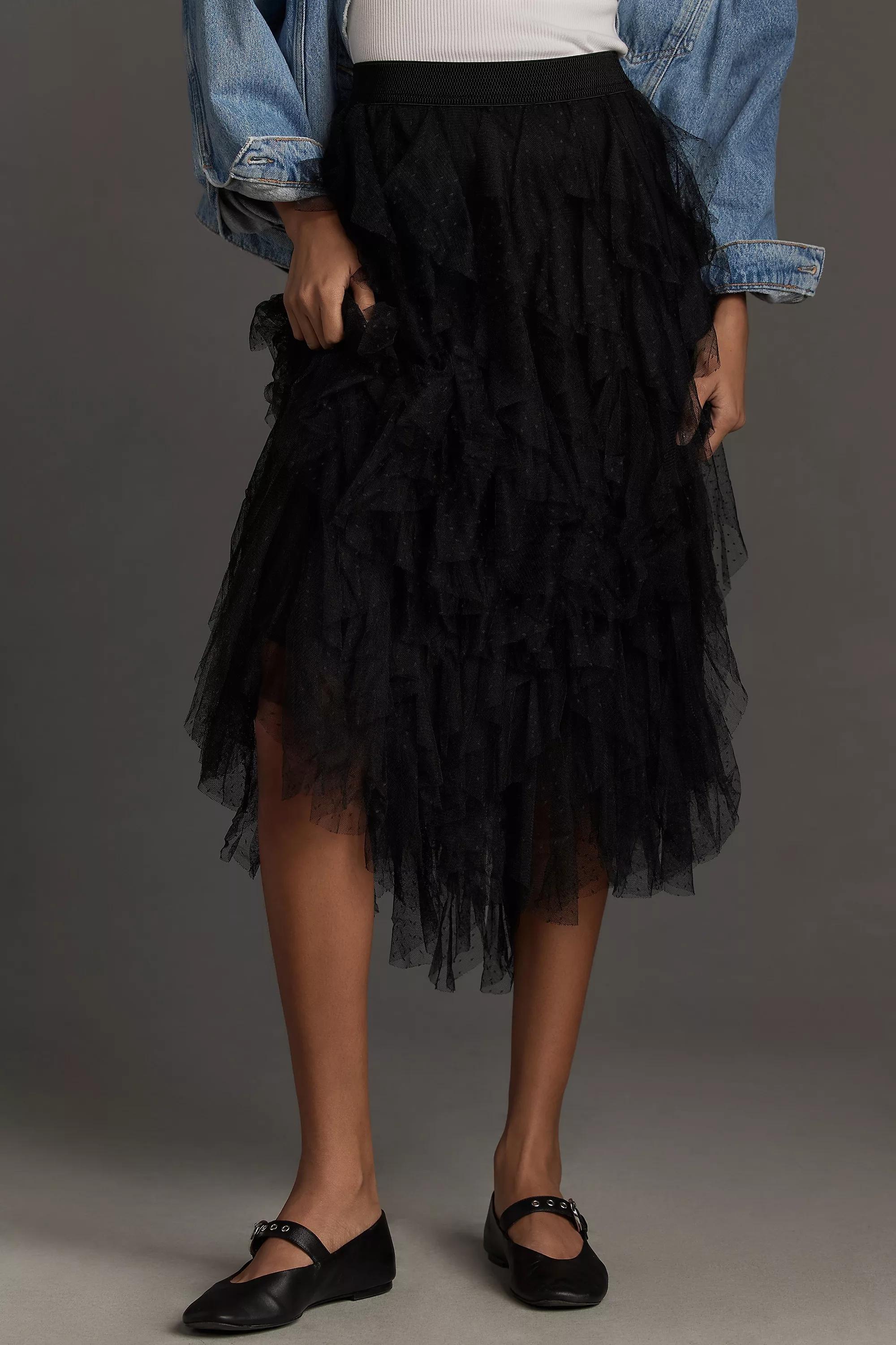 Tesia Ruffled Tulle Midi Skirt, Black, A501_0001, medium