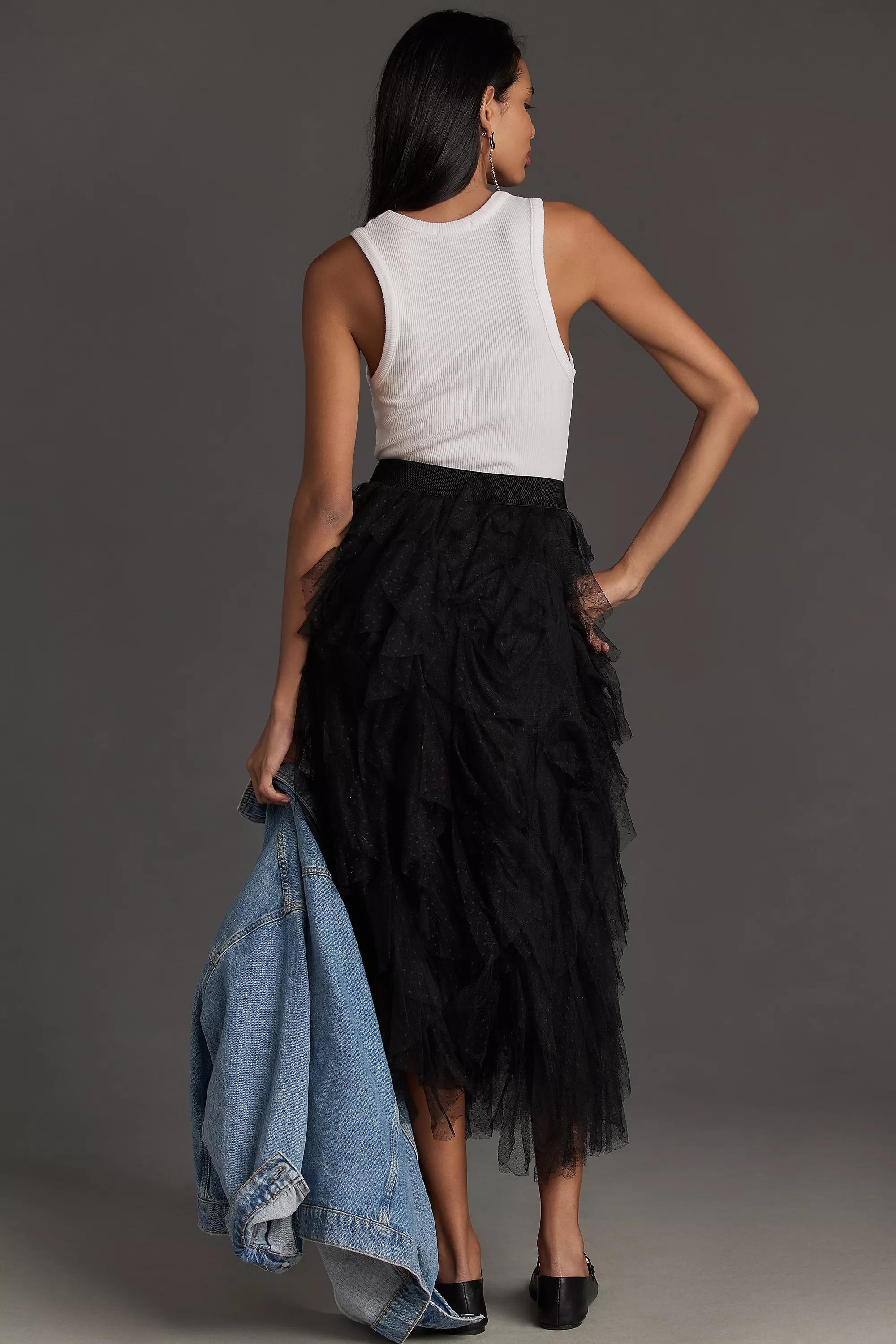 Tesia Ruffled Tulle Midi Skirt, Black, A501_0001, medium