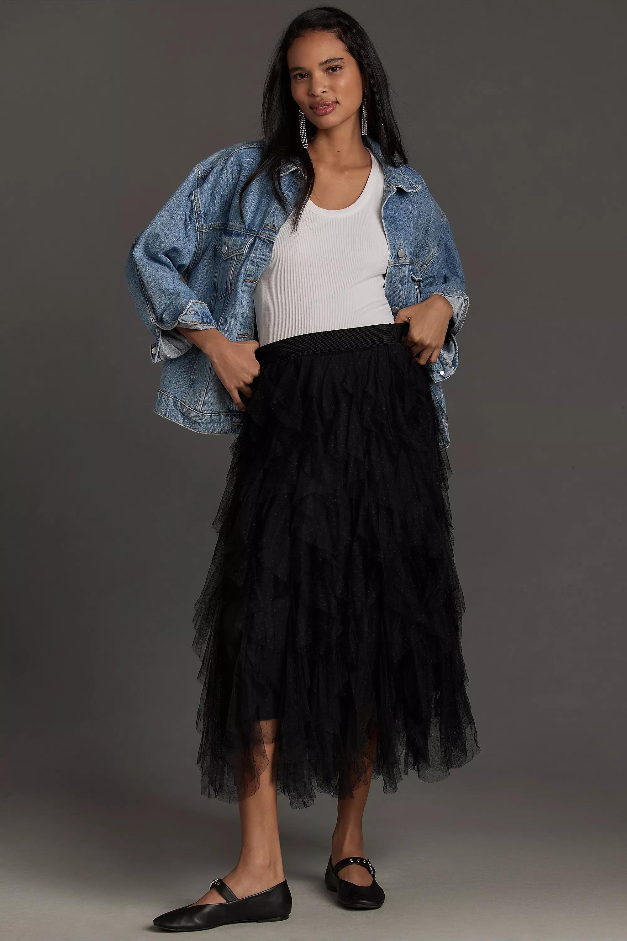 Tesia Ruffled Tulle Midi Skirt, Black, A501_0001, large image number 5