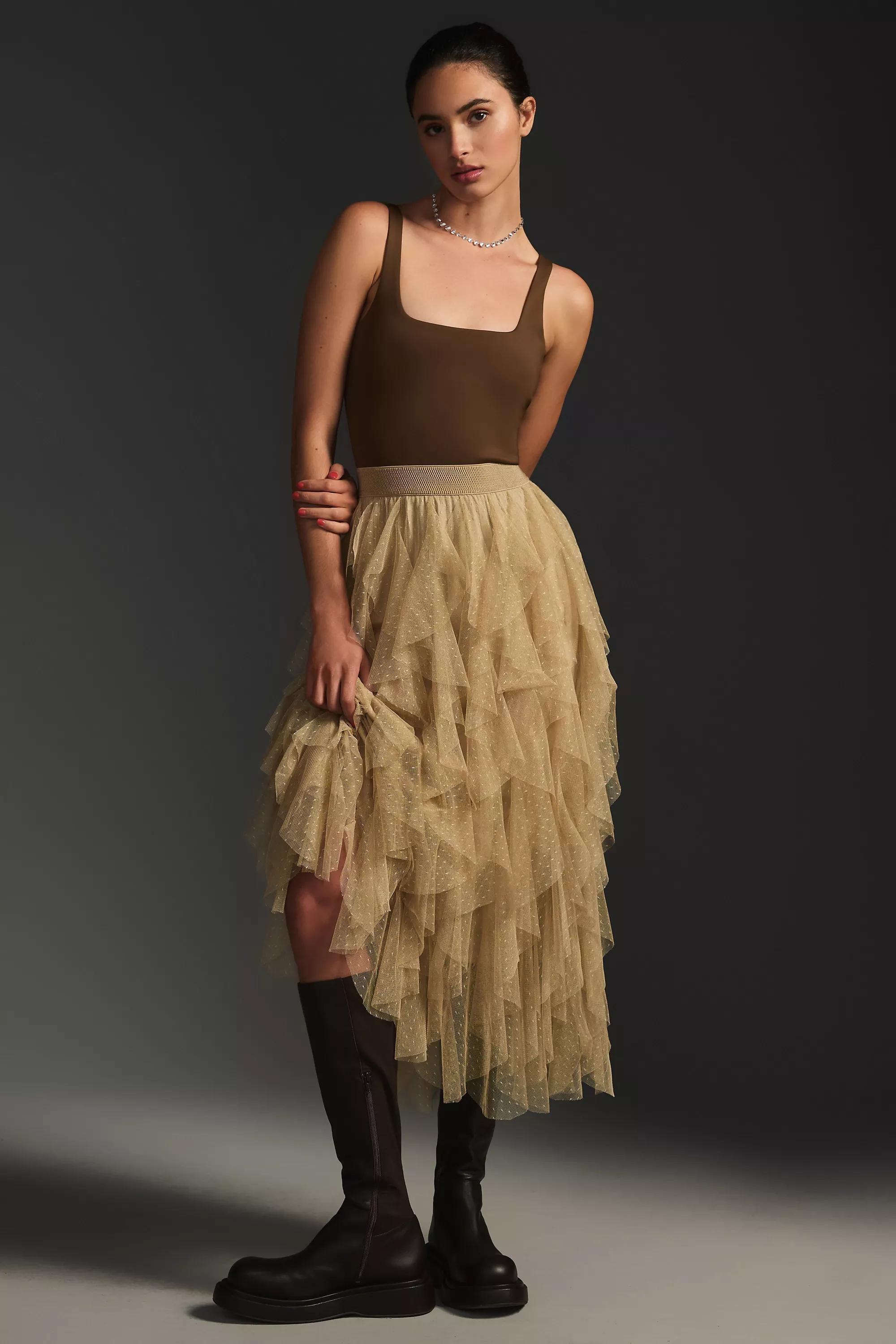 Anthropologie The Cheri Ruffled Tulle Midi Skirt, Beige, , large image number 0