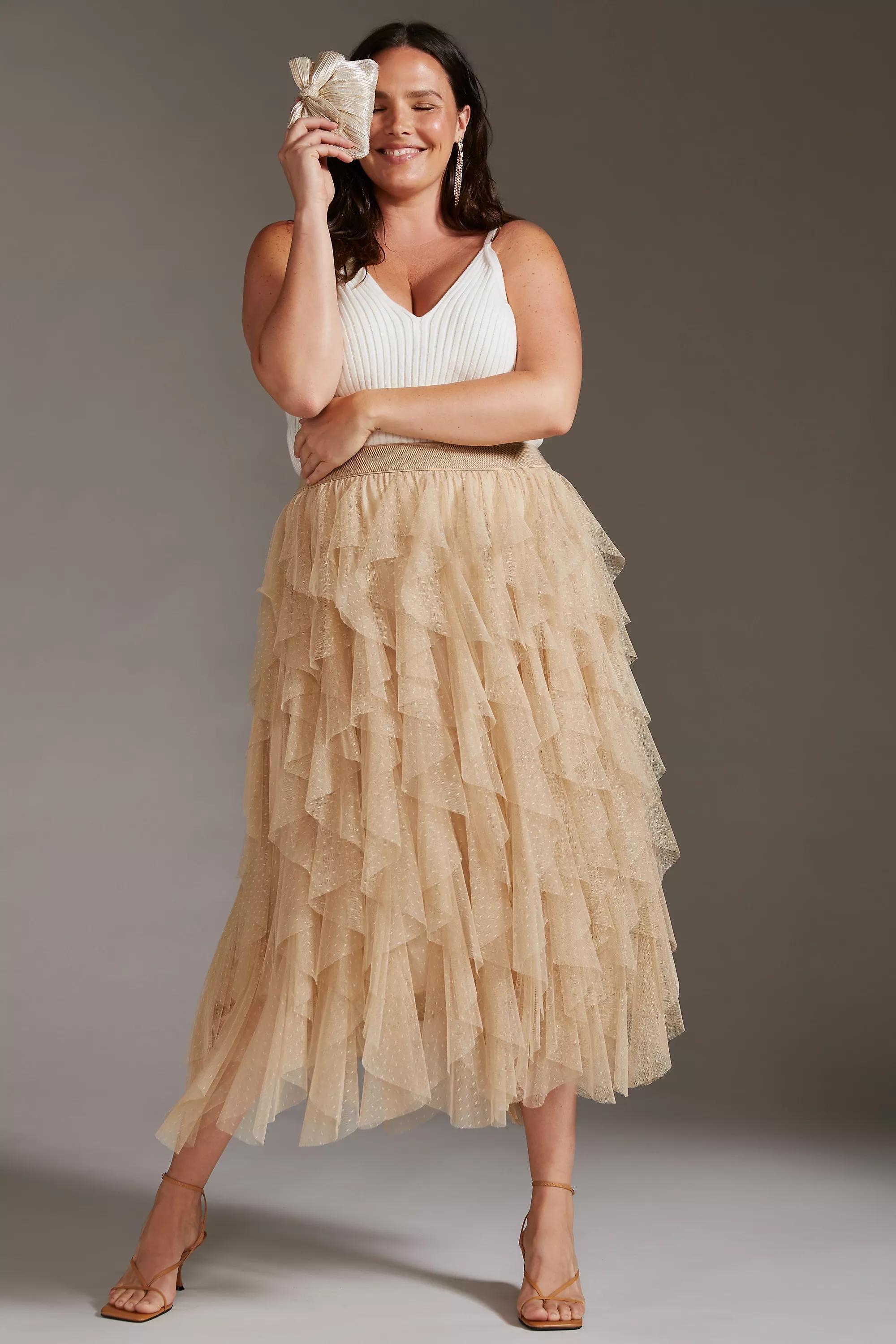 Anthropologie The Cheri Ruffled Tulle Midi Skirt, Beige, , large image number 2