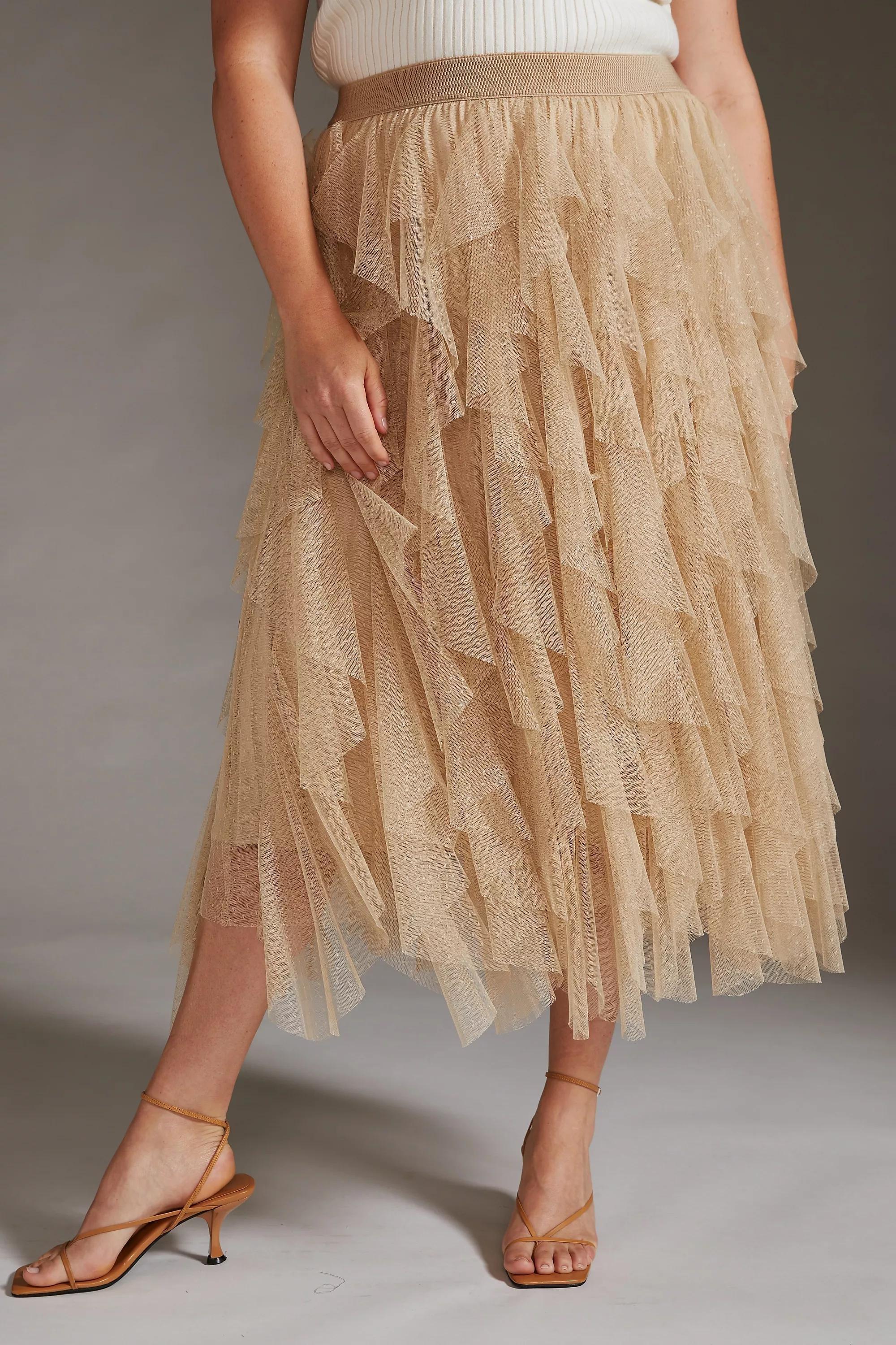 Anthropologie The Cheri Ruffled Tulle Midi Skirt, Beige, , large image number 3