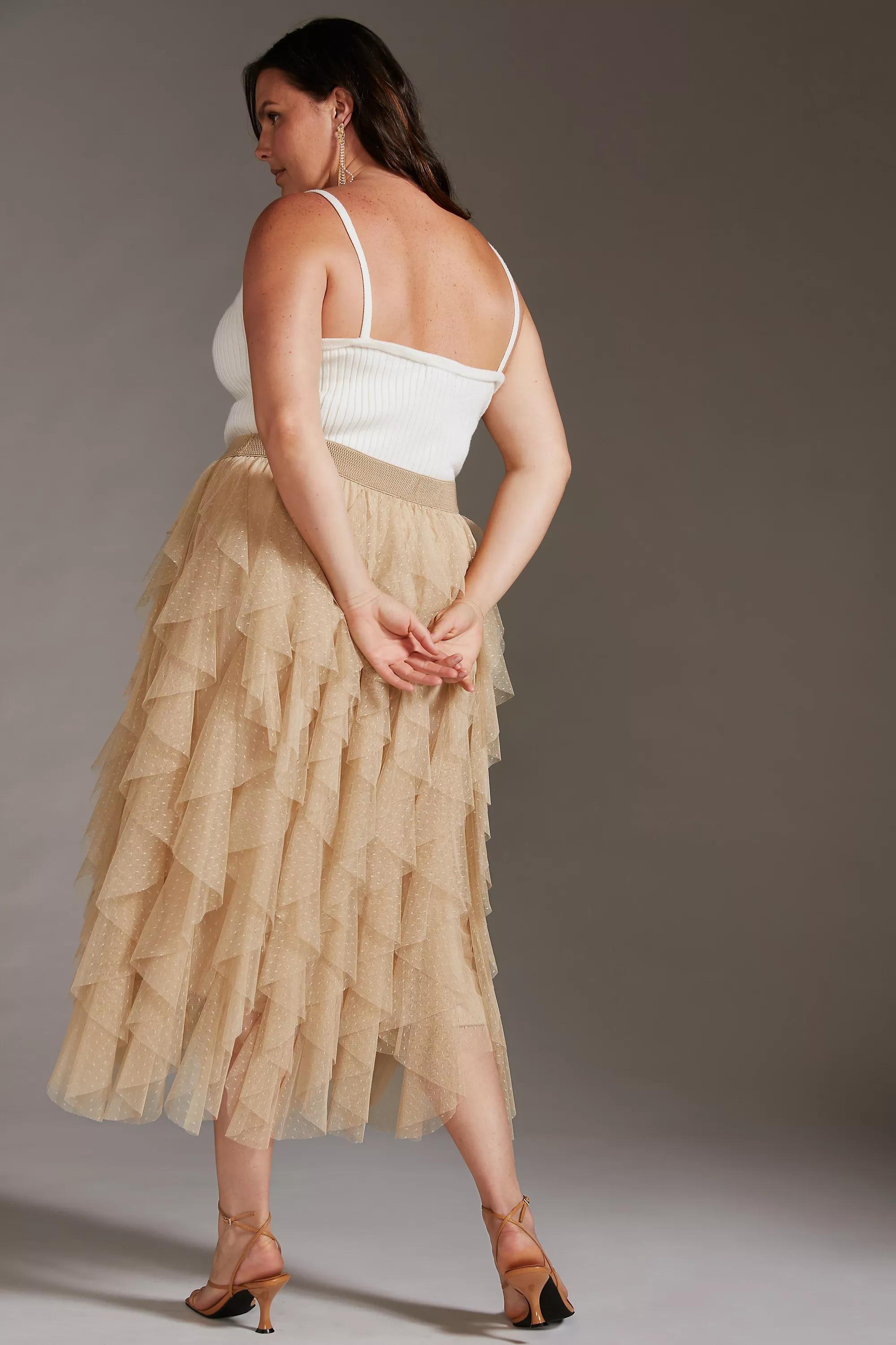 Anthropologie The Cheri Ruffled Tulle Midi Skirt, Beige, , large image number 4