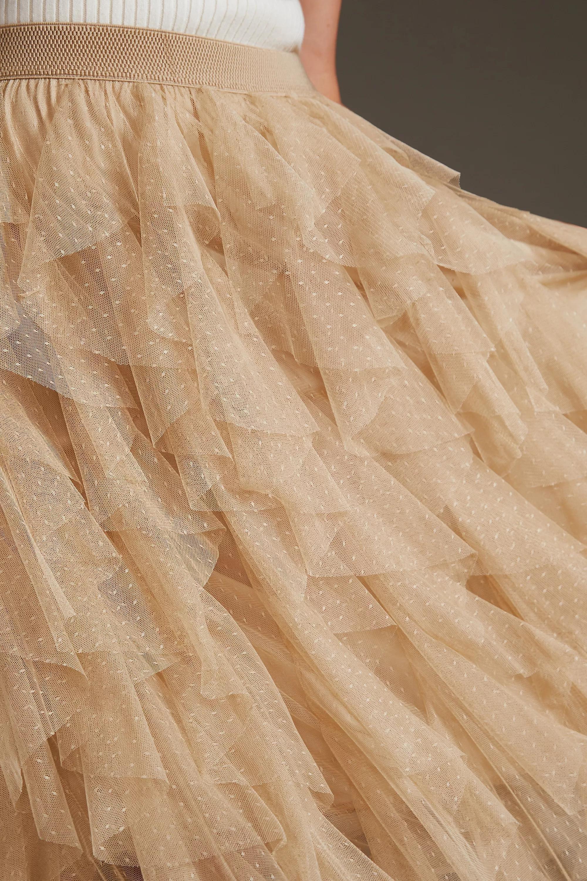 Anthropologie The Cheri Ruffled Tulle Midi Skirt, Beige, , large image number 5