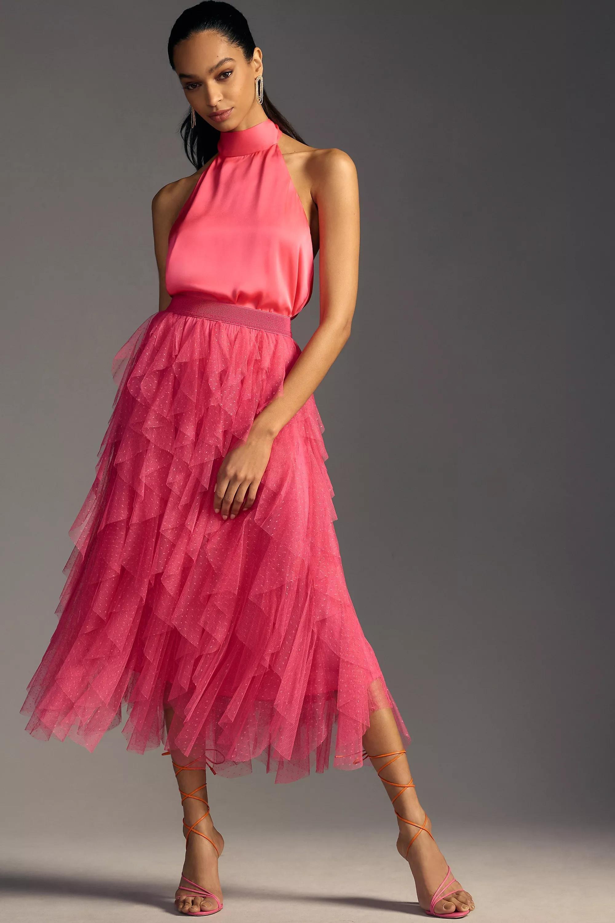 Anthropologie Tesia Ruffled Tulle Midi Skirt Pink Azadea UAE