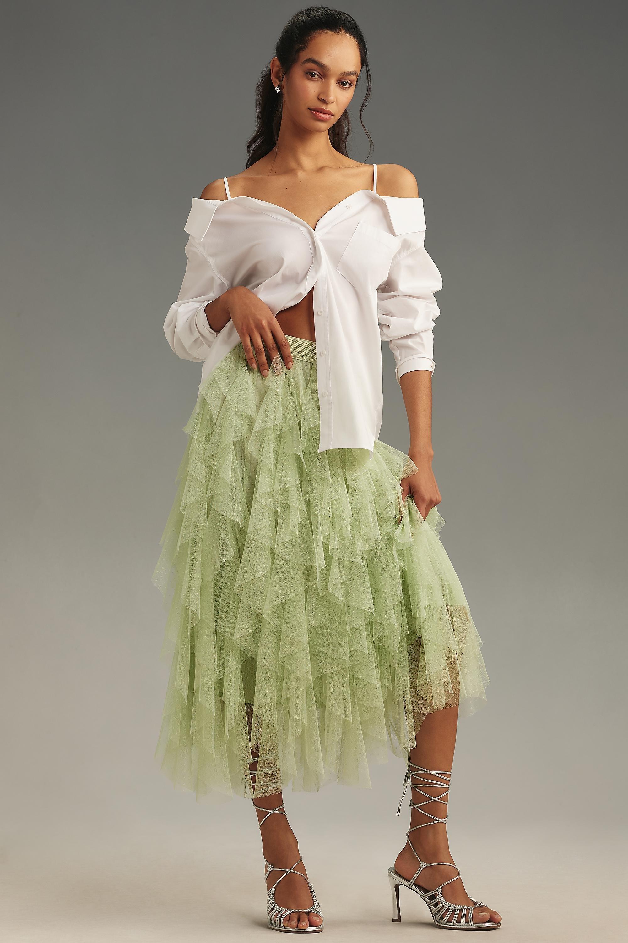 The Cheri Ruffled Tulle Midi Skirt By Anthropologie, Mint, , large image number 0