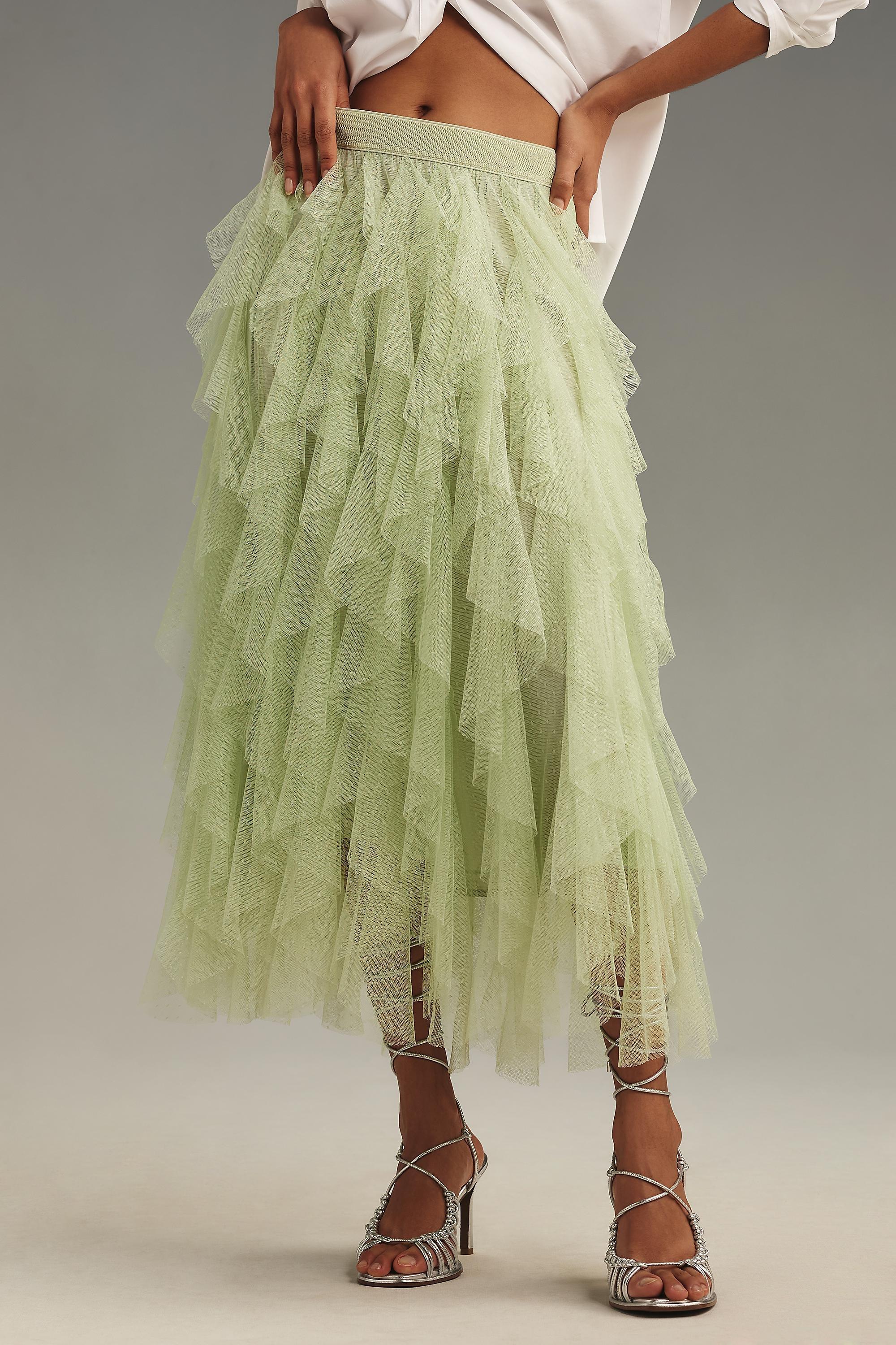 The Cheri Ruffled Tulle Midi Skirt By Anthropologie, Mint, , large image number 1