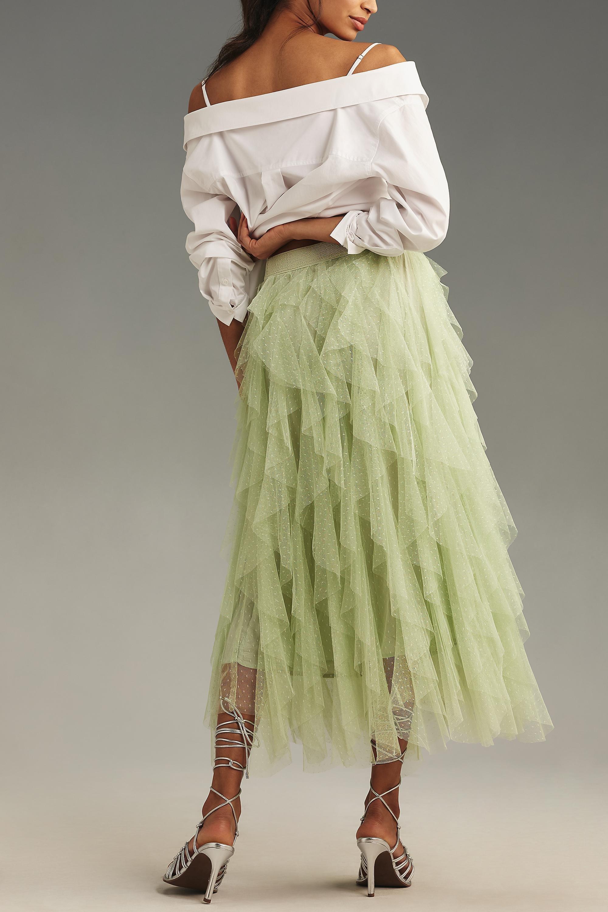 The Cheri Ruffled Tulle Midi Skirt By Anthropologie, Mint, , large image number 2