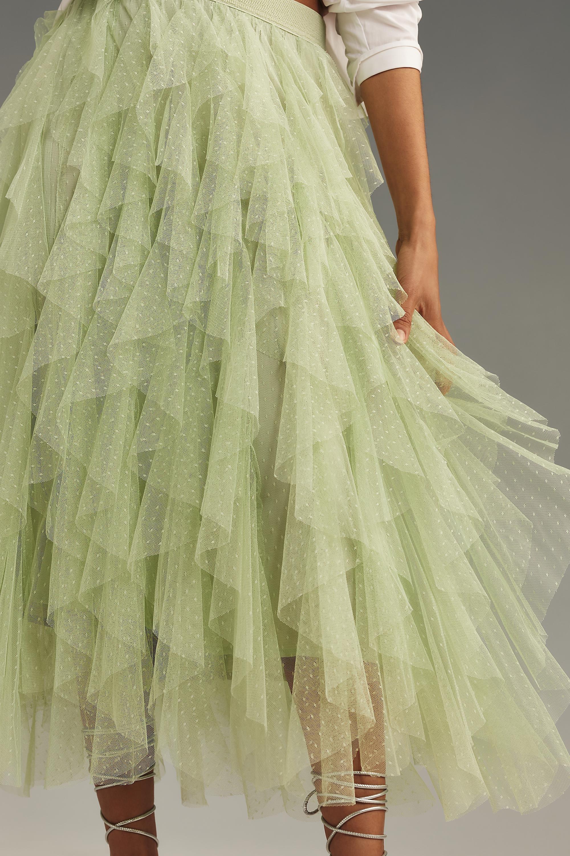 The Cheri Ruffled Tulle Midi Skirt By Anthropologie, Mint, , large image number 3