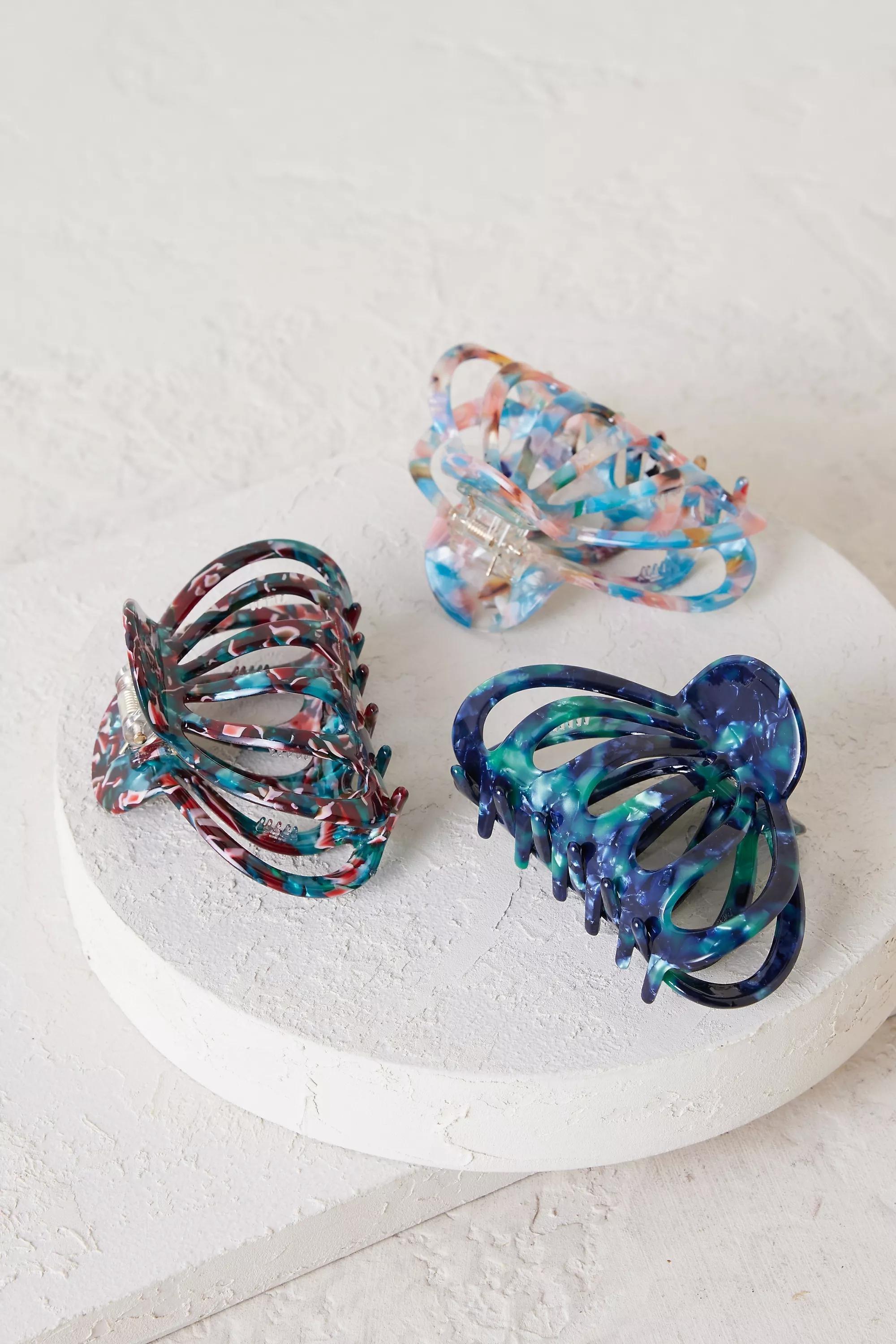 Aimee Claw Hair Clips - Set Of 3, Blue, , medium