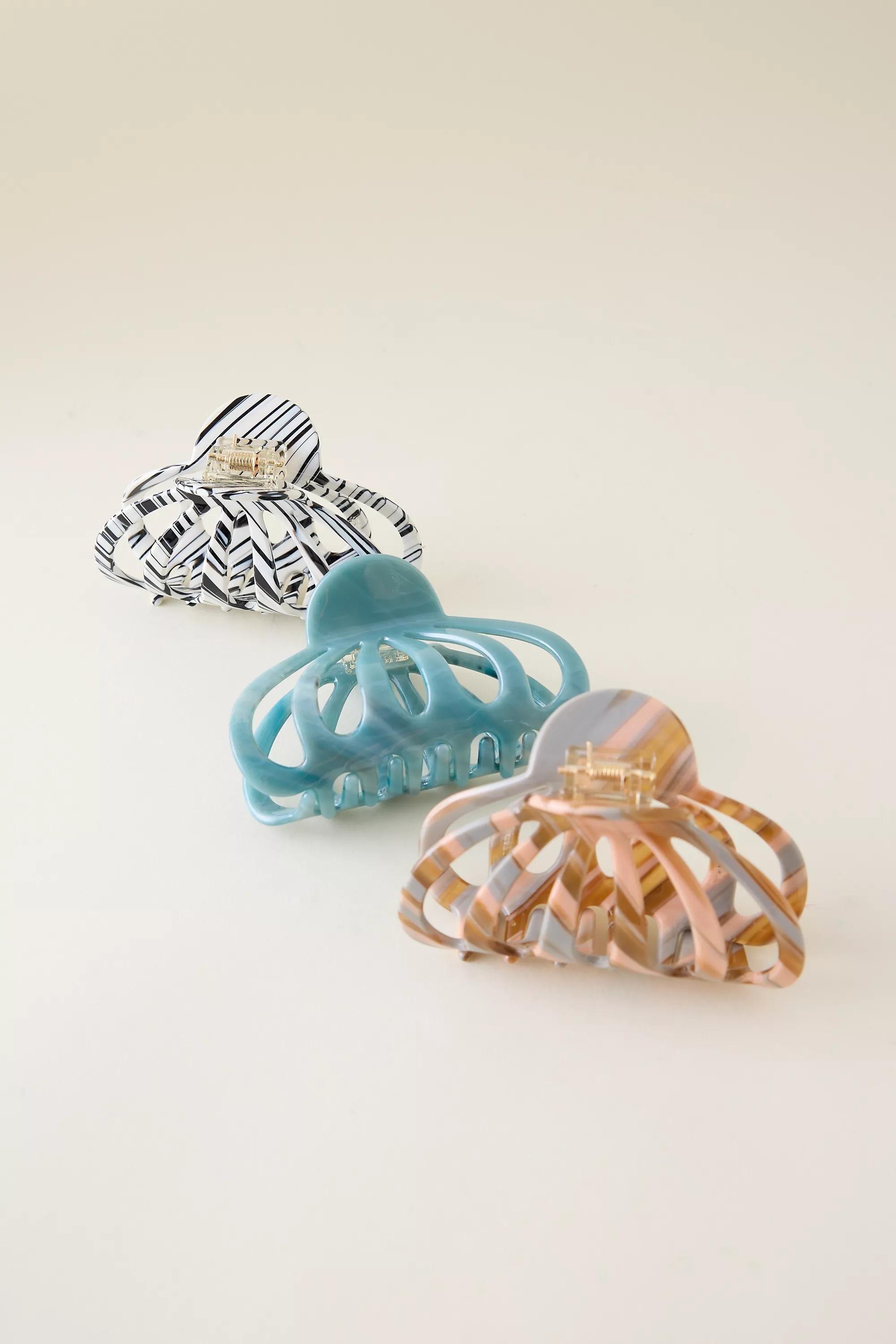 Set Of 3 Aimee Claw Hair Clips, Blue, Turquoise, medium