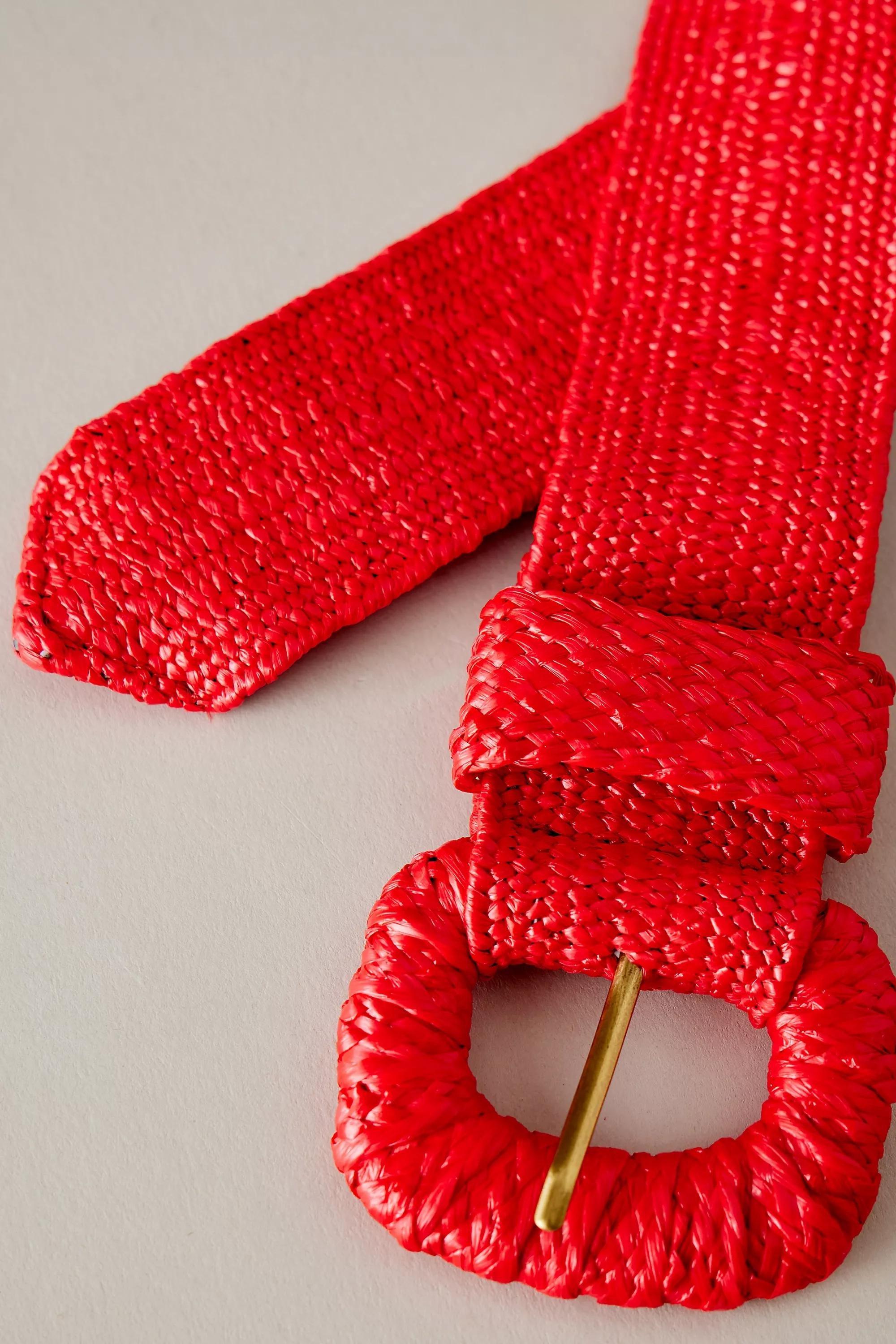 Raffia Stretch Belt, Red, , large image number 1
