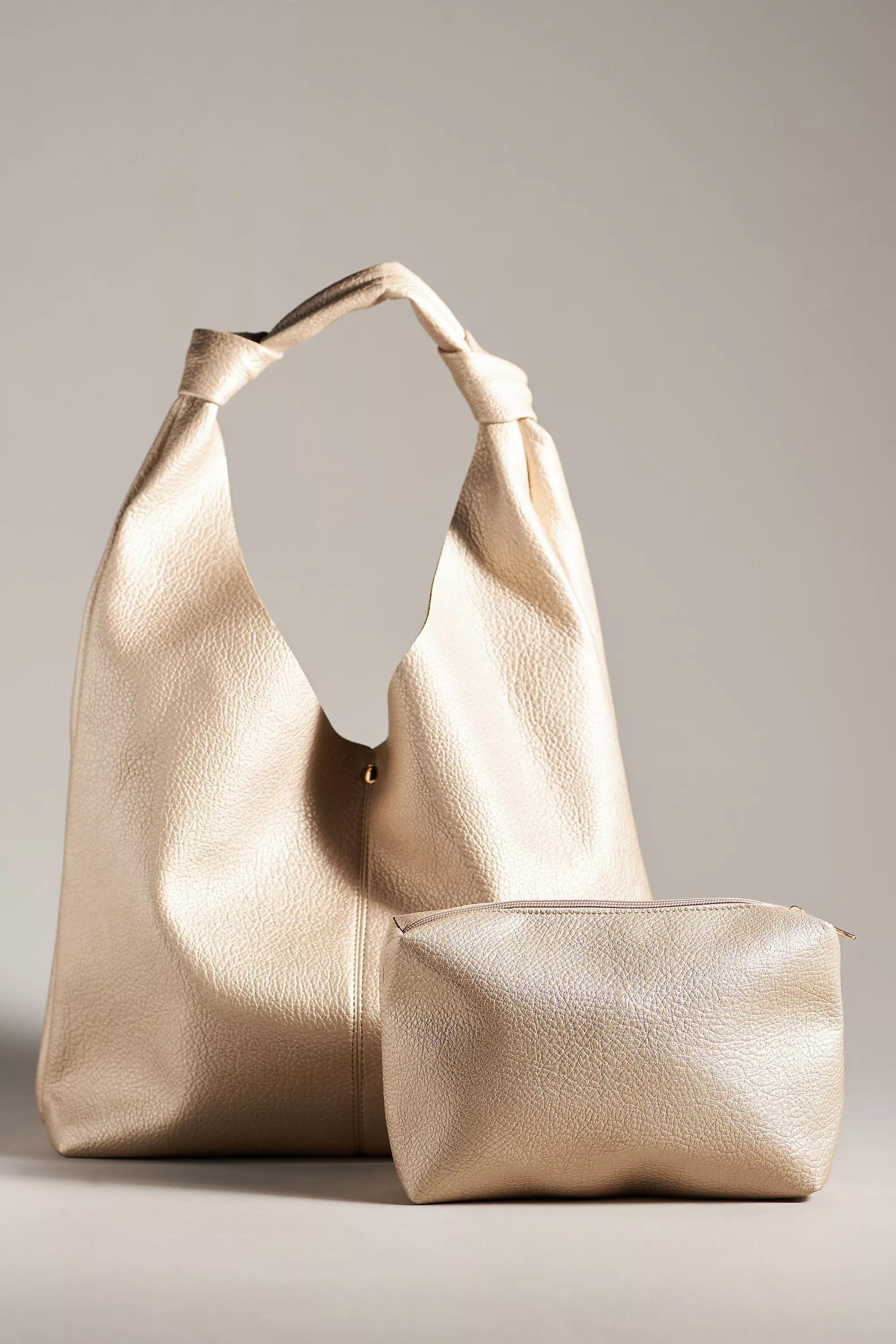 Knotted Slouchy Faux Leather Bag, Gold, A501_0070, large image number 3