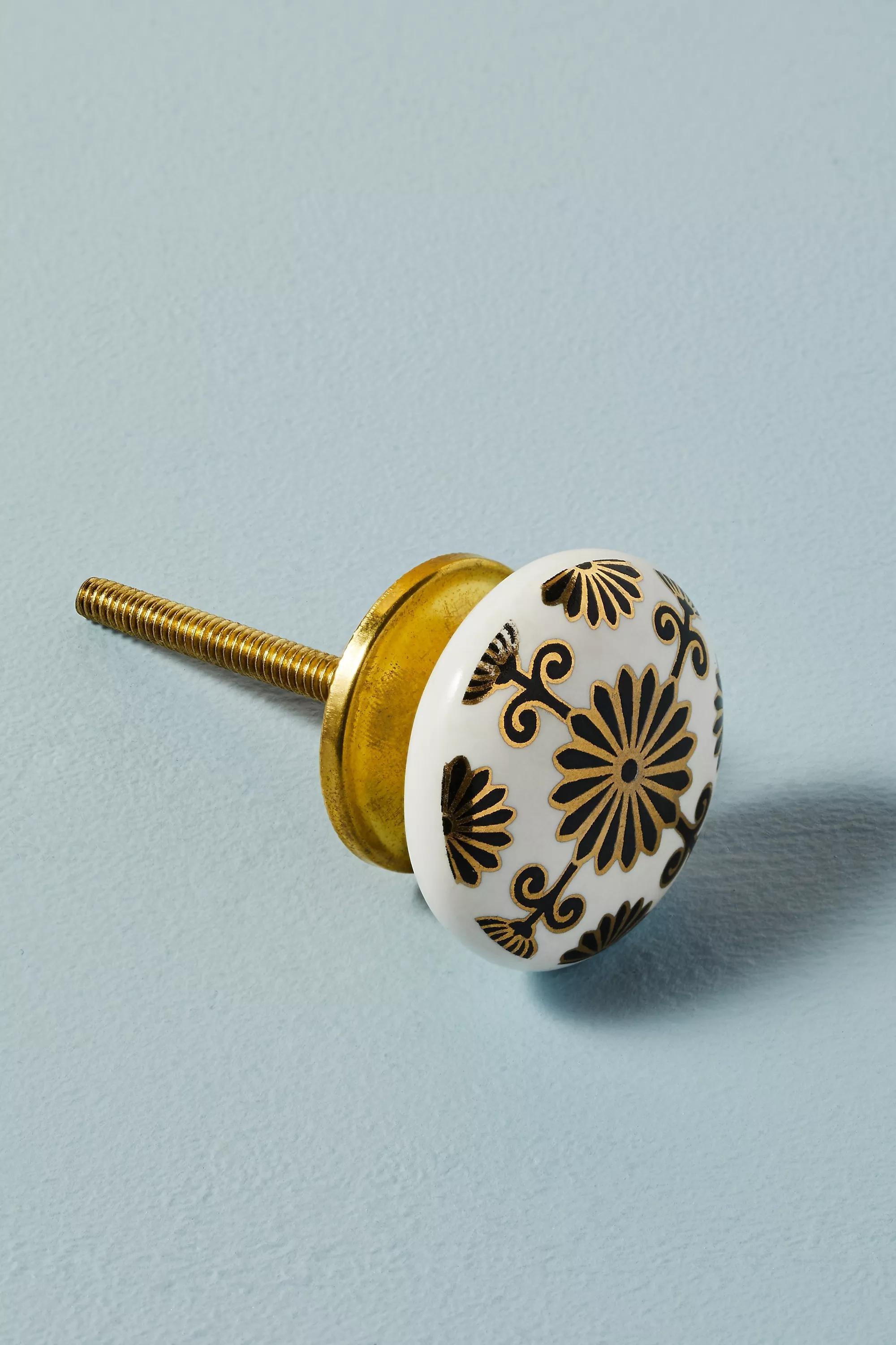 Floral Decalled Ceramic Knob, Bronze, , large image number 0