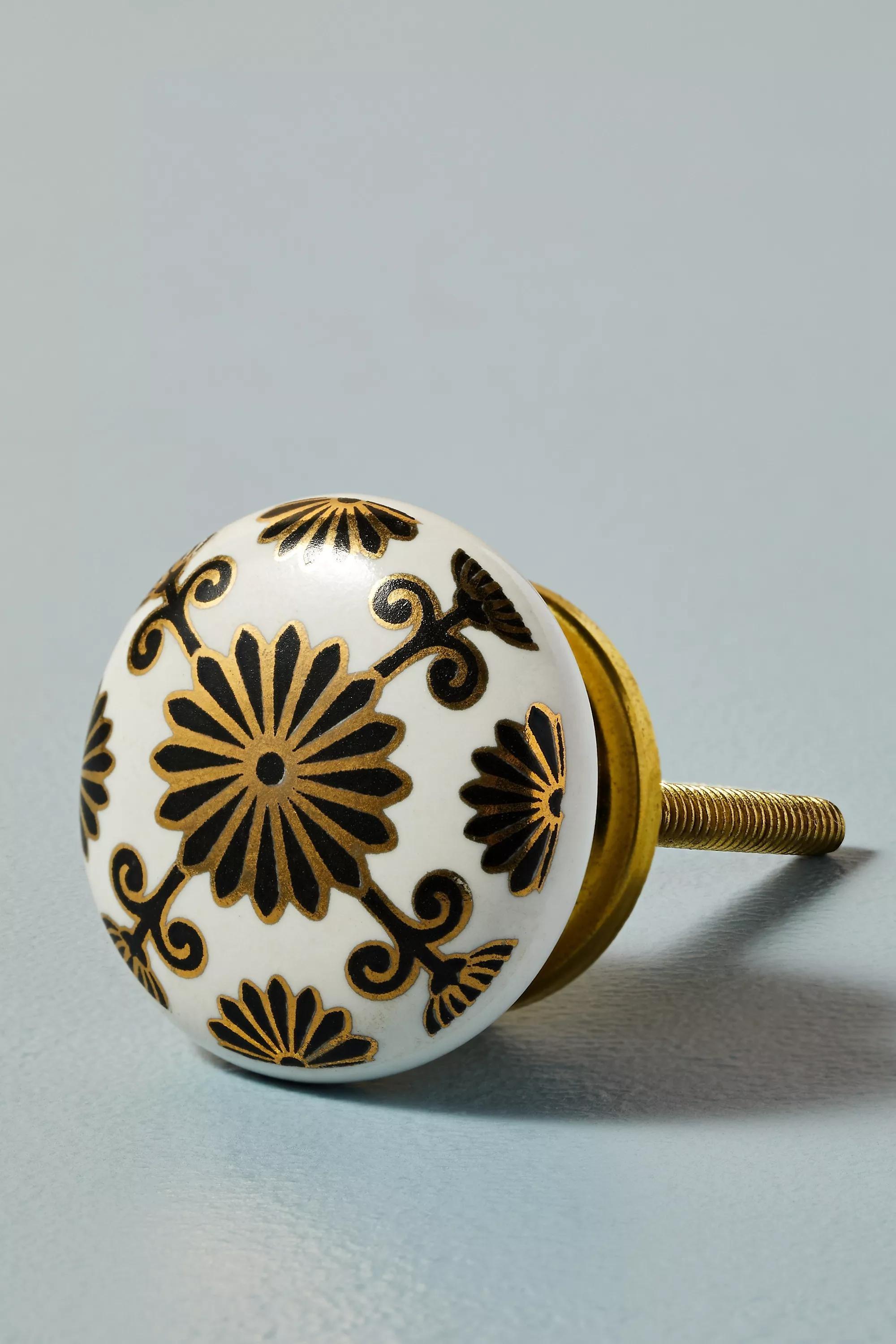 Floral Decalled Ceramic Knob, Bronze, , large image number 1