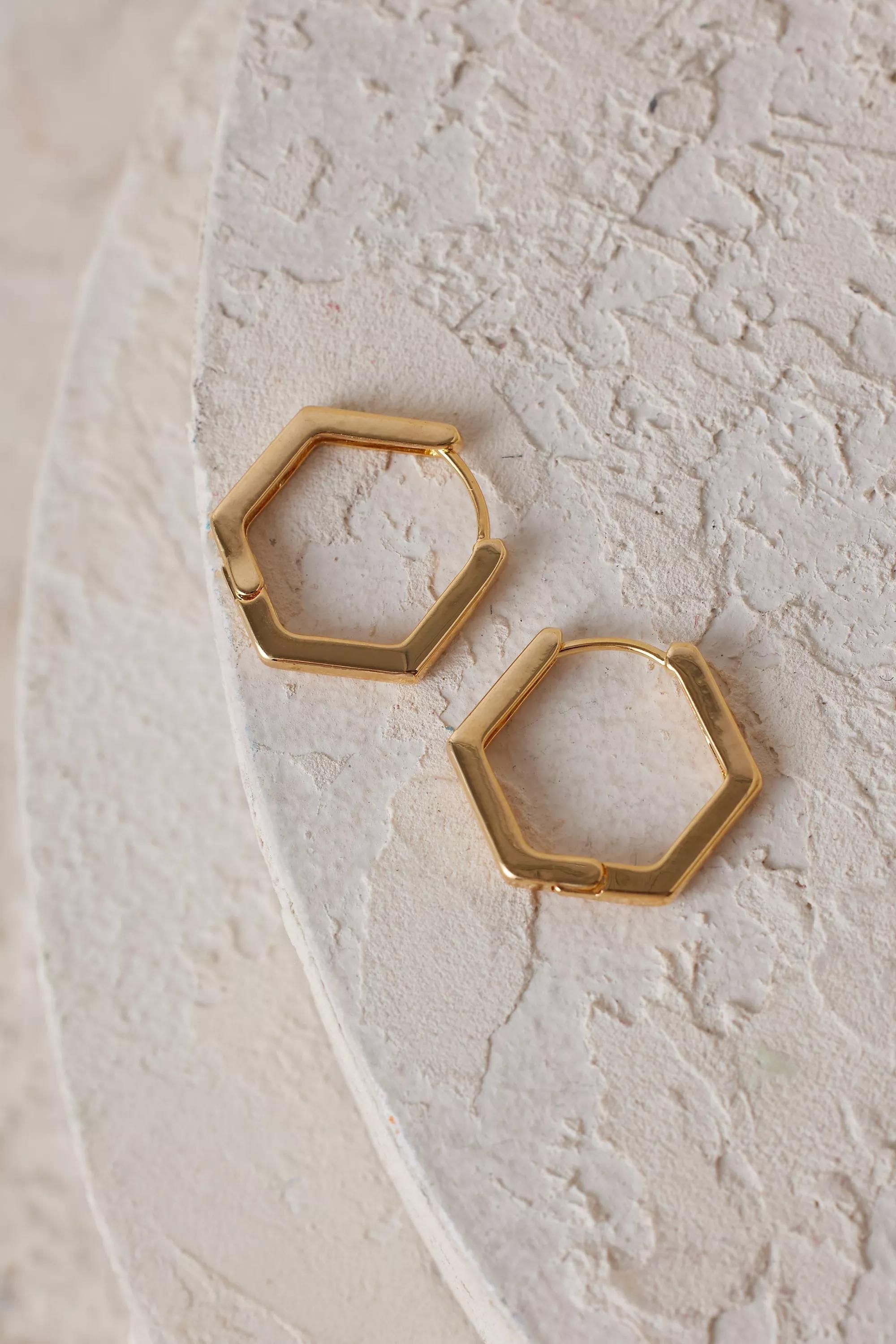 Small Hexagon Hoop Earrings, Gold, Gold, large image number 1