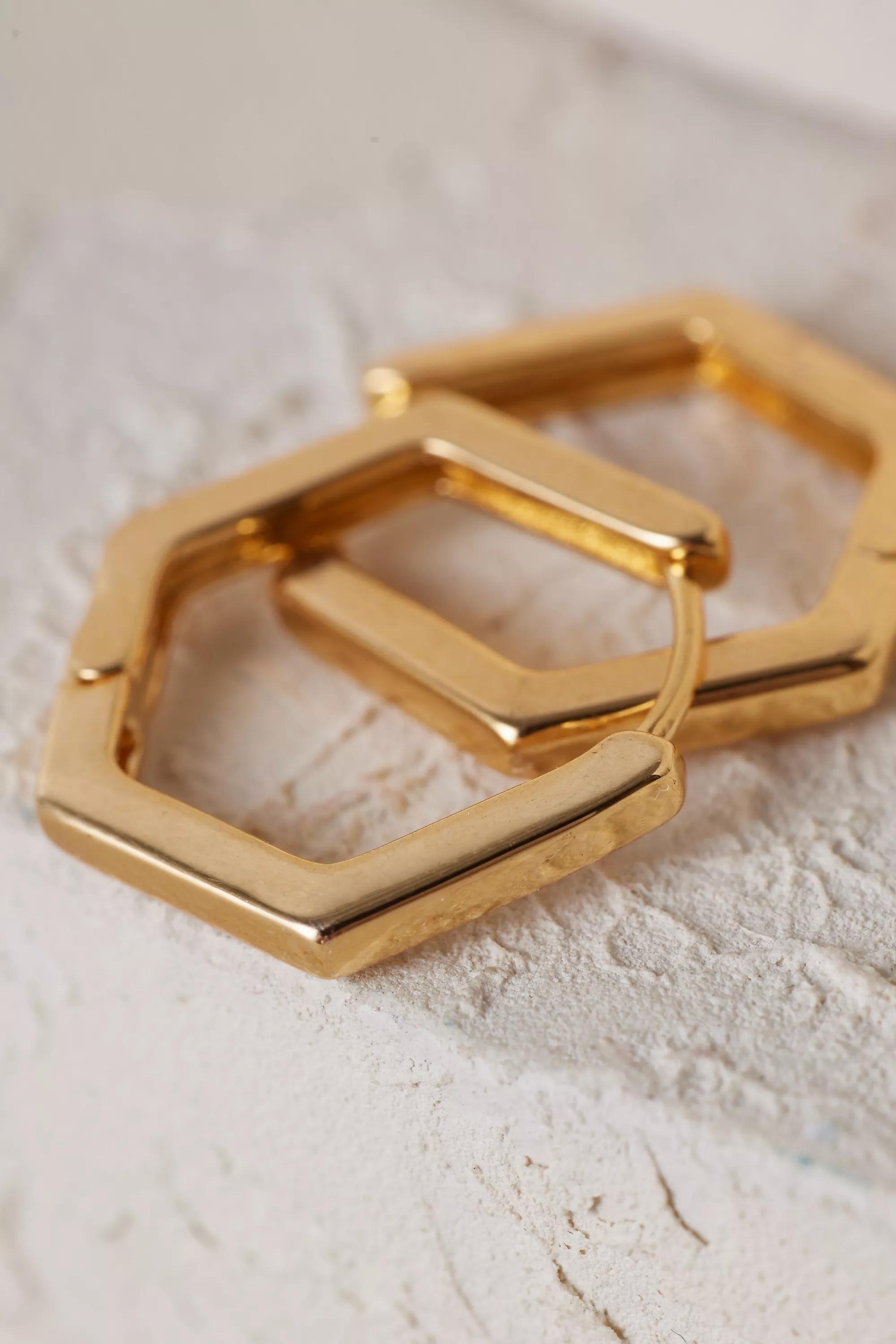 Small Hexagon Hoop Earrings, Gold, Gold, large image number 2