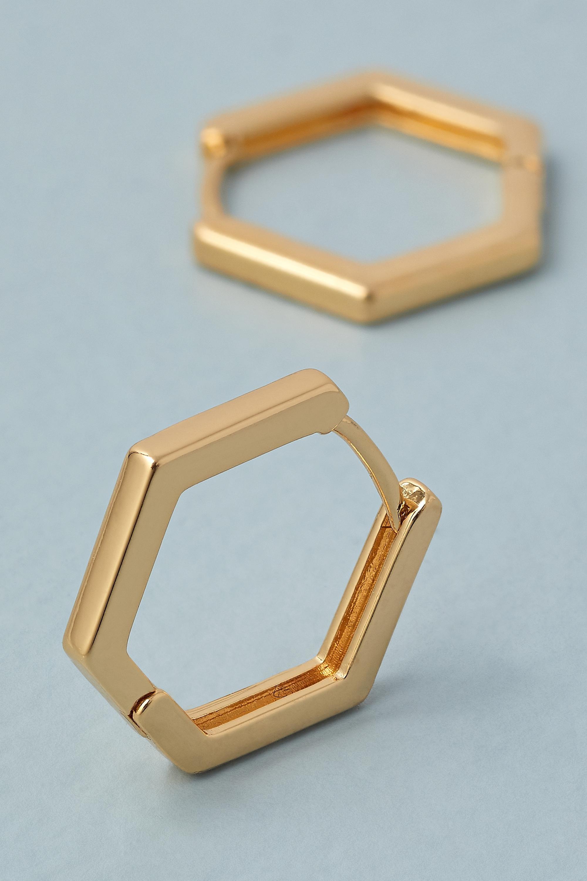Small Hexagon Hoop Earrings, Gold, Gold, large image number 5