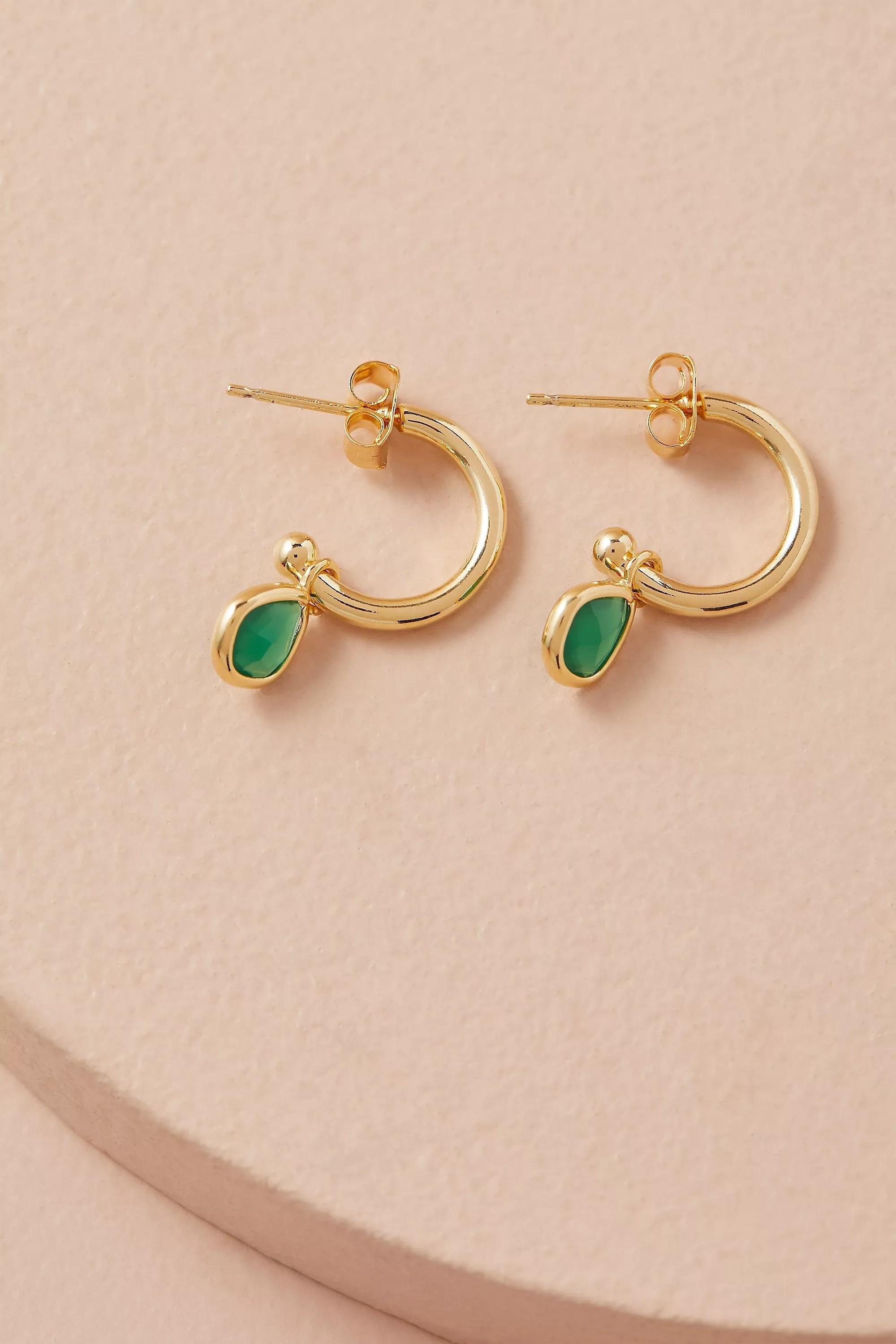 12K Gold Plated Birthstone Hoop Earrings, Green, Green, large image number 1