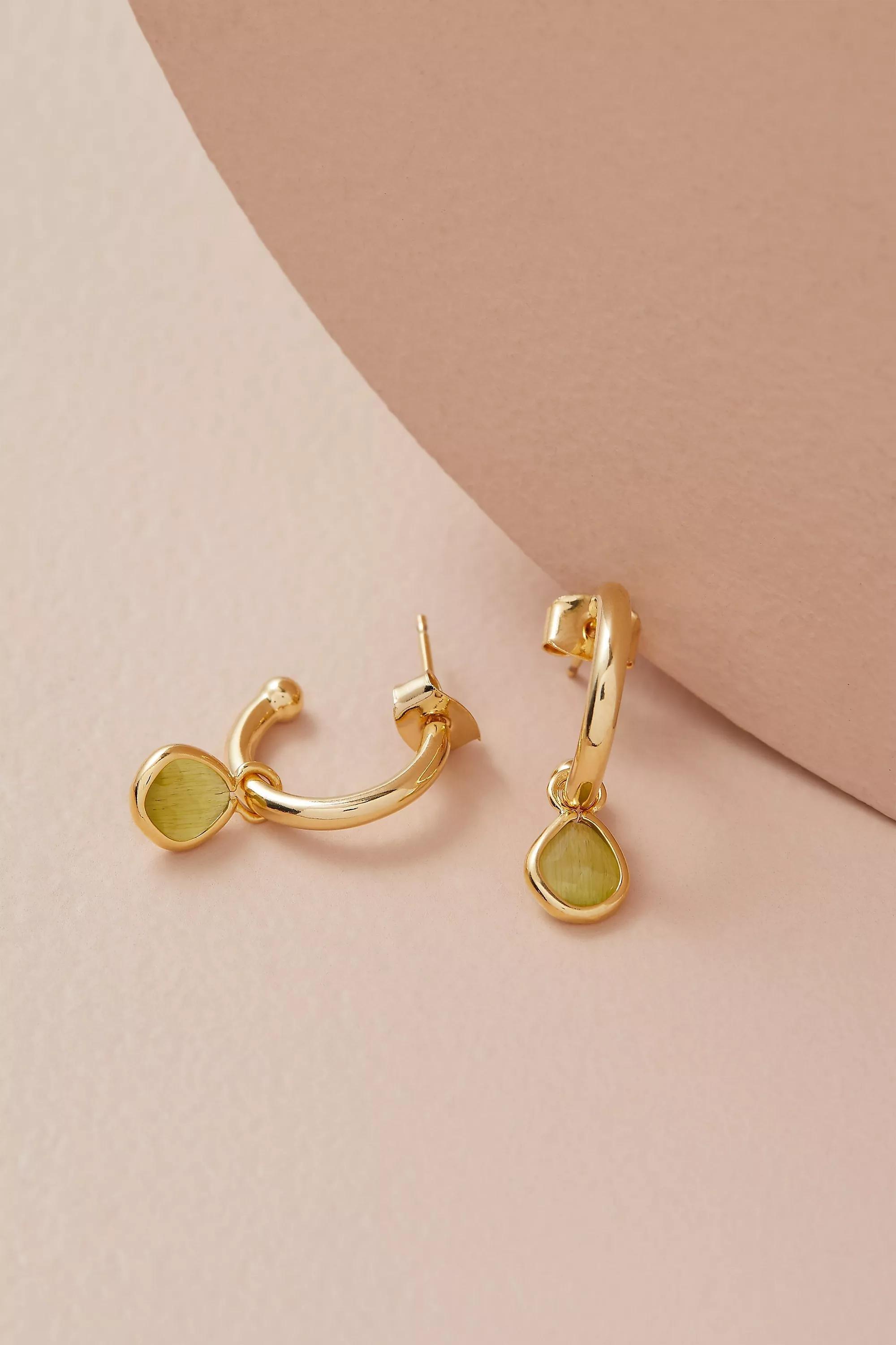 12K Gold Plated Birthstone Hoop Earrings, Green, Green, large image number 0