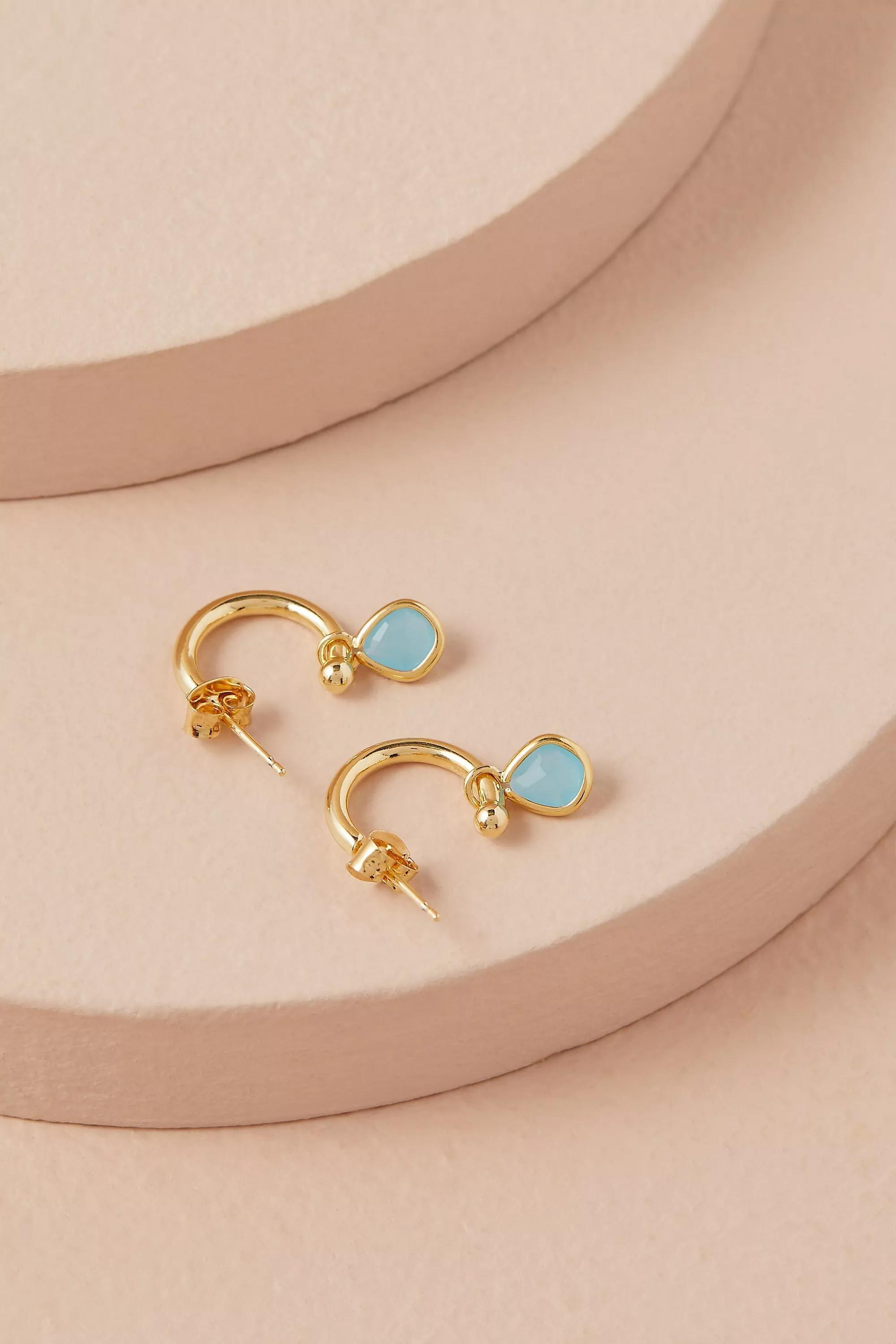 12K Gold Plated Birthstone Hoop Earrings, Blue, A501_0040, large image number 1