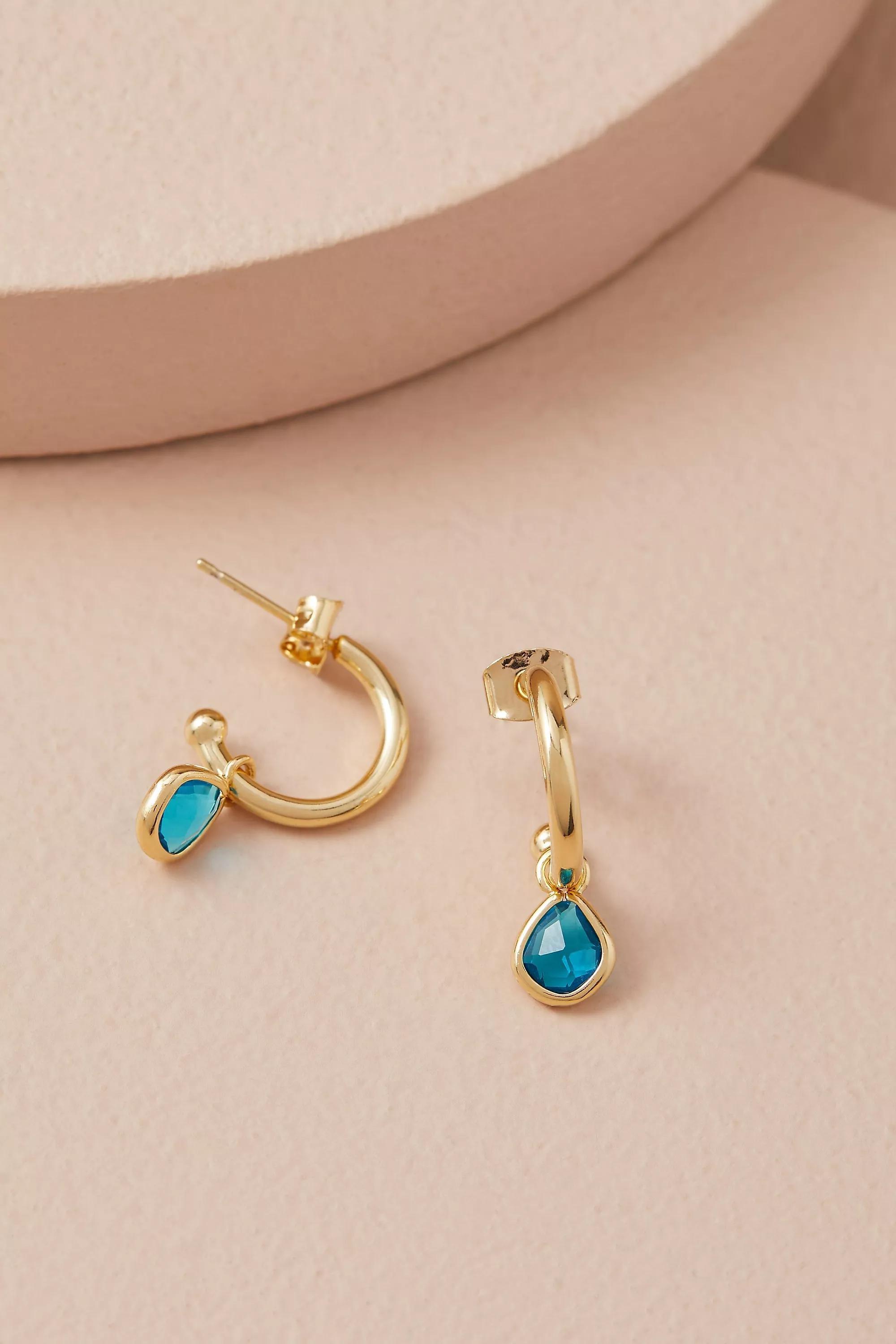 12K Gold Plated Birthstone Hoop Earrings, Blue, Blue, large image number 1