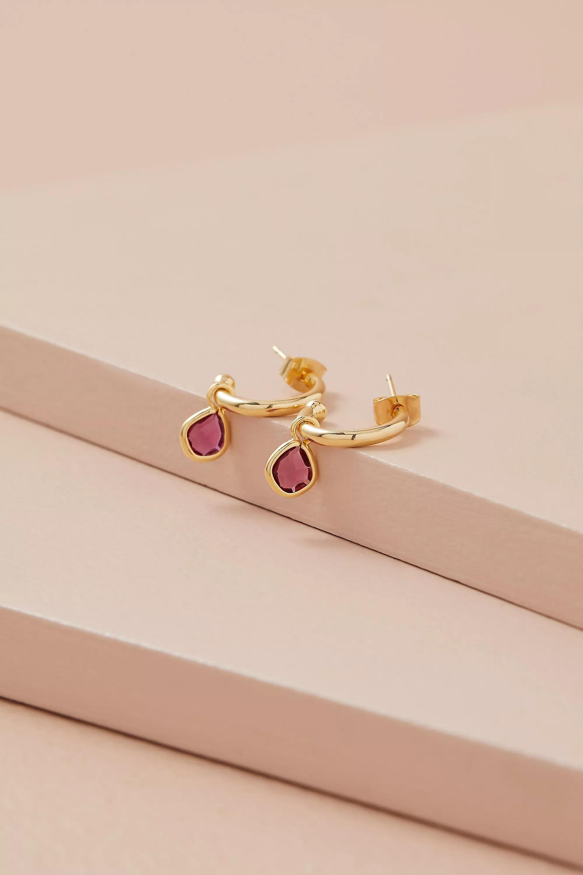 12K Gold Plated Birthstone Hoop Earrings, Red, A501_0060, large image number 0