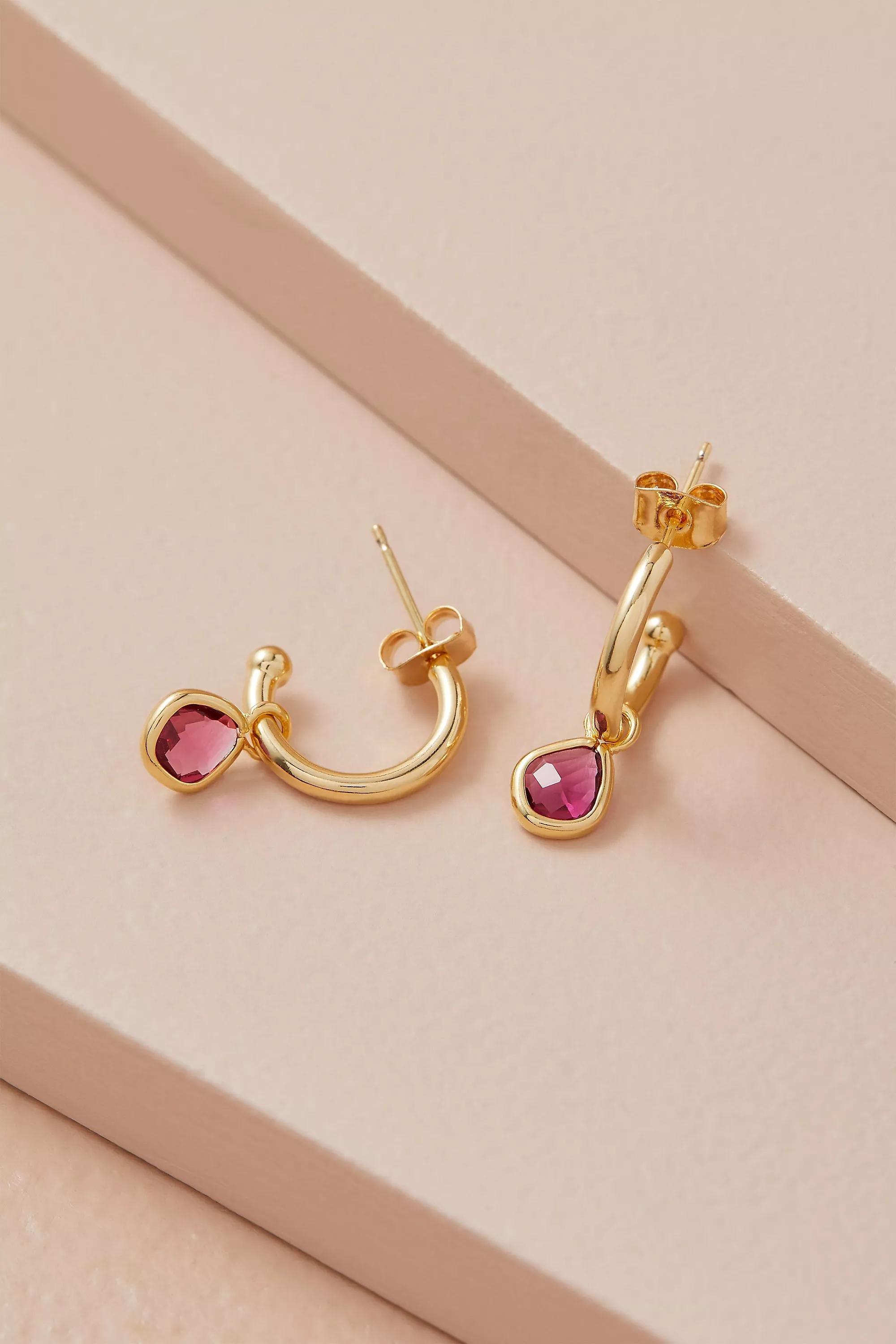 12K Gold Plated Birthstone Hoop Earrings, Red, A501_0060, large image number 1